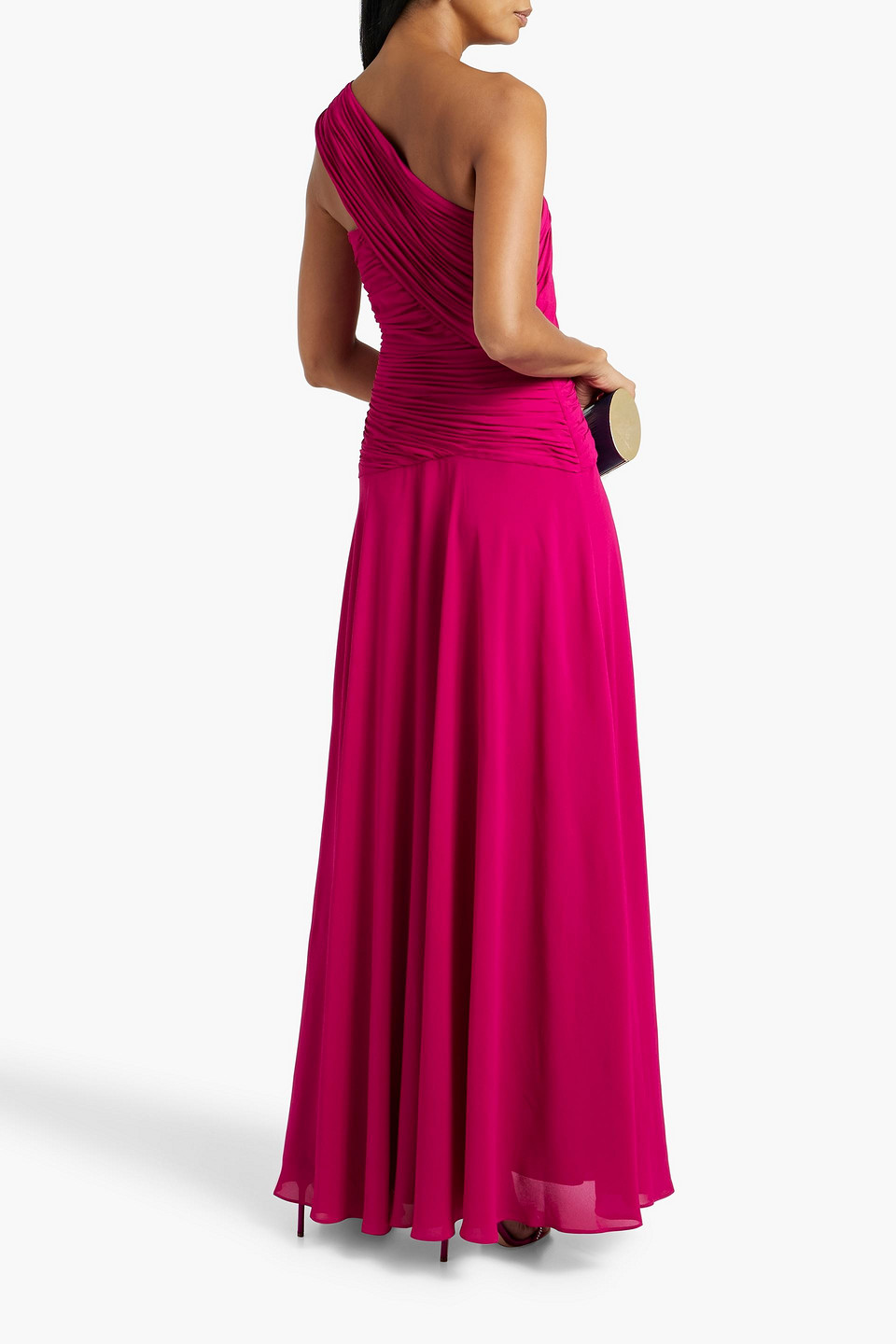 Shop Mikael Aghal One-shoulder Draped Crepe Gown In Fuchsia