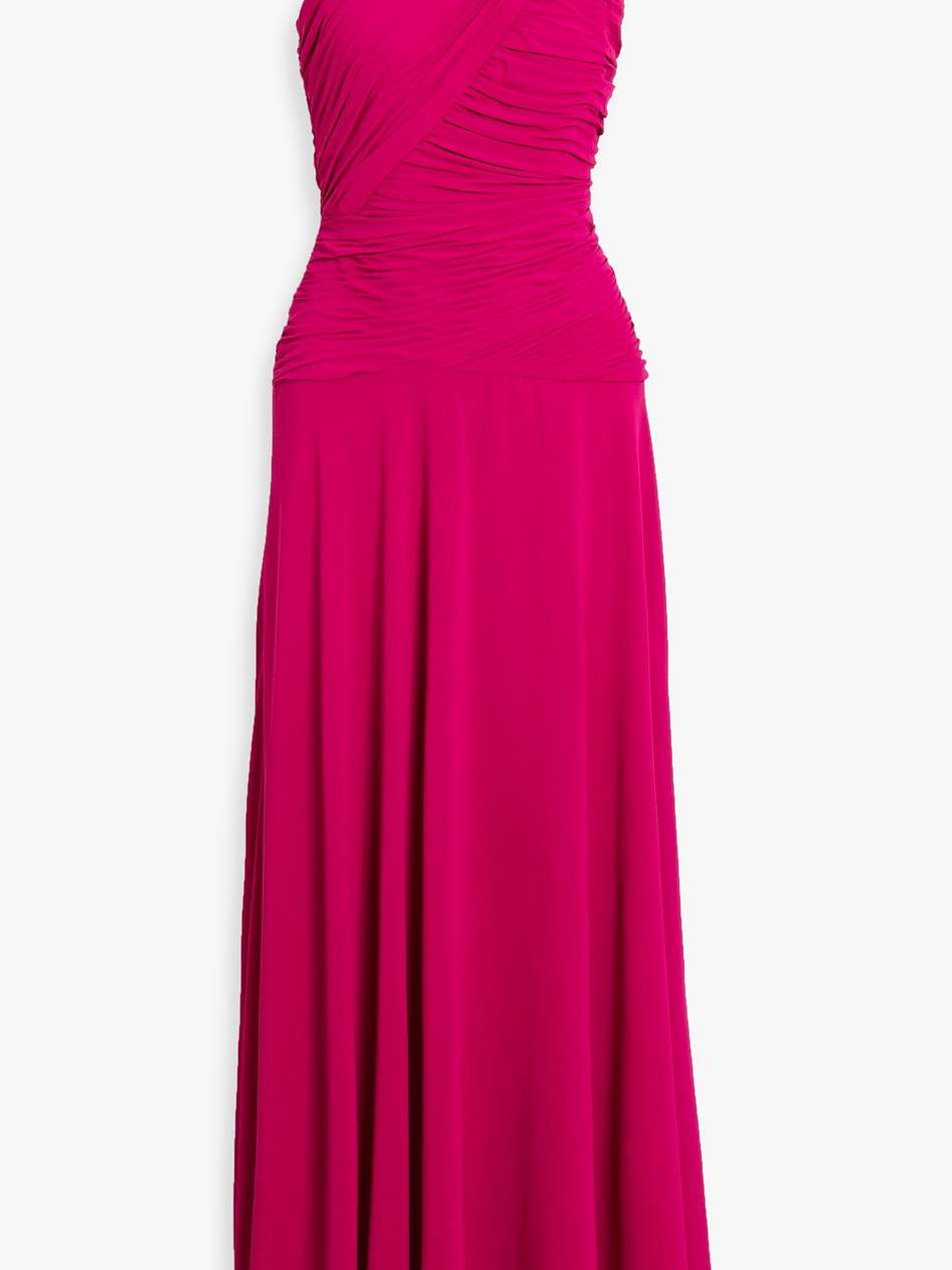 one-shoulder draped crepe gown