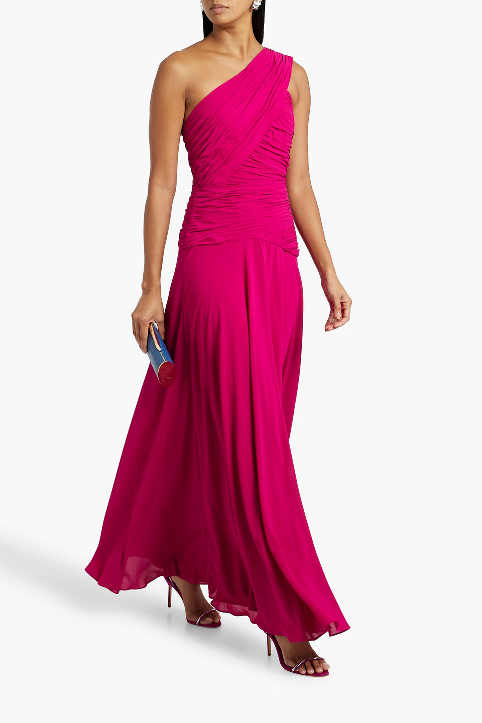 Shop Mikael Aghal One-shoulder Draped Crepe Gown In Fuchsia