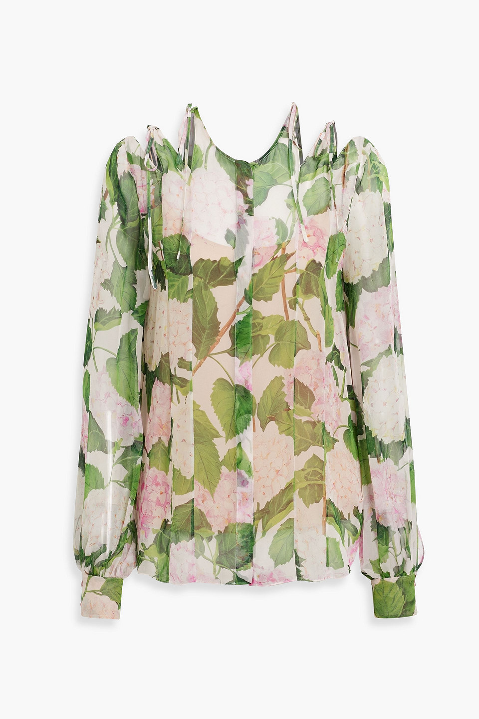 Oscar De La Renta Hydrangea-print Tie Cold-shoulder Chiffon Blouse In Pink