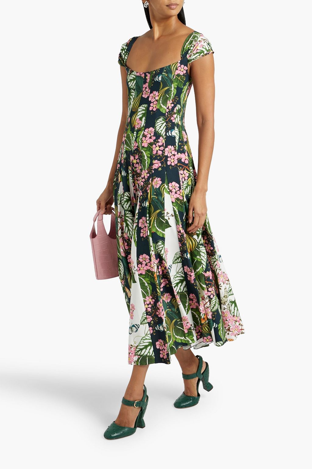 OSCAR DE LA RENTA Pleated printed crepe midi dress