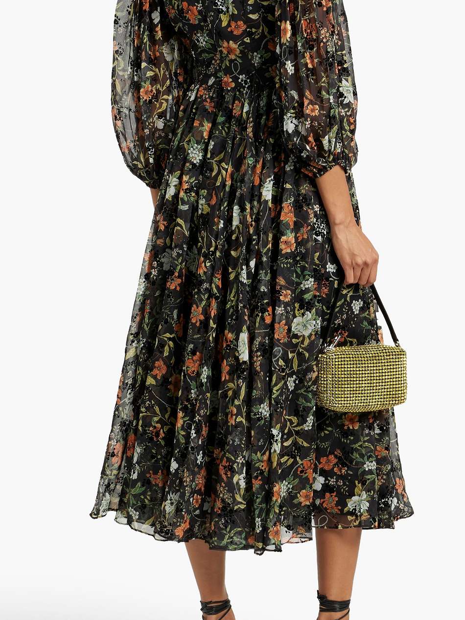 flocked floral-print chiffon midi dress