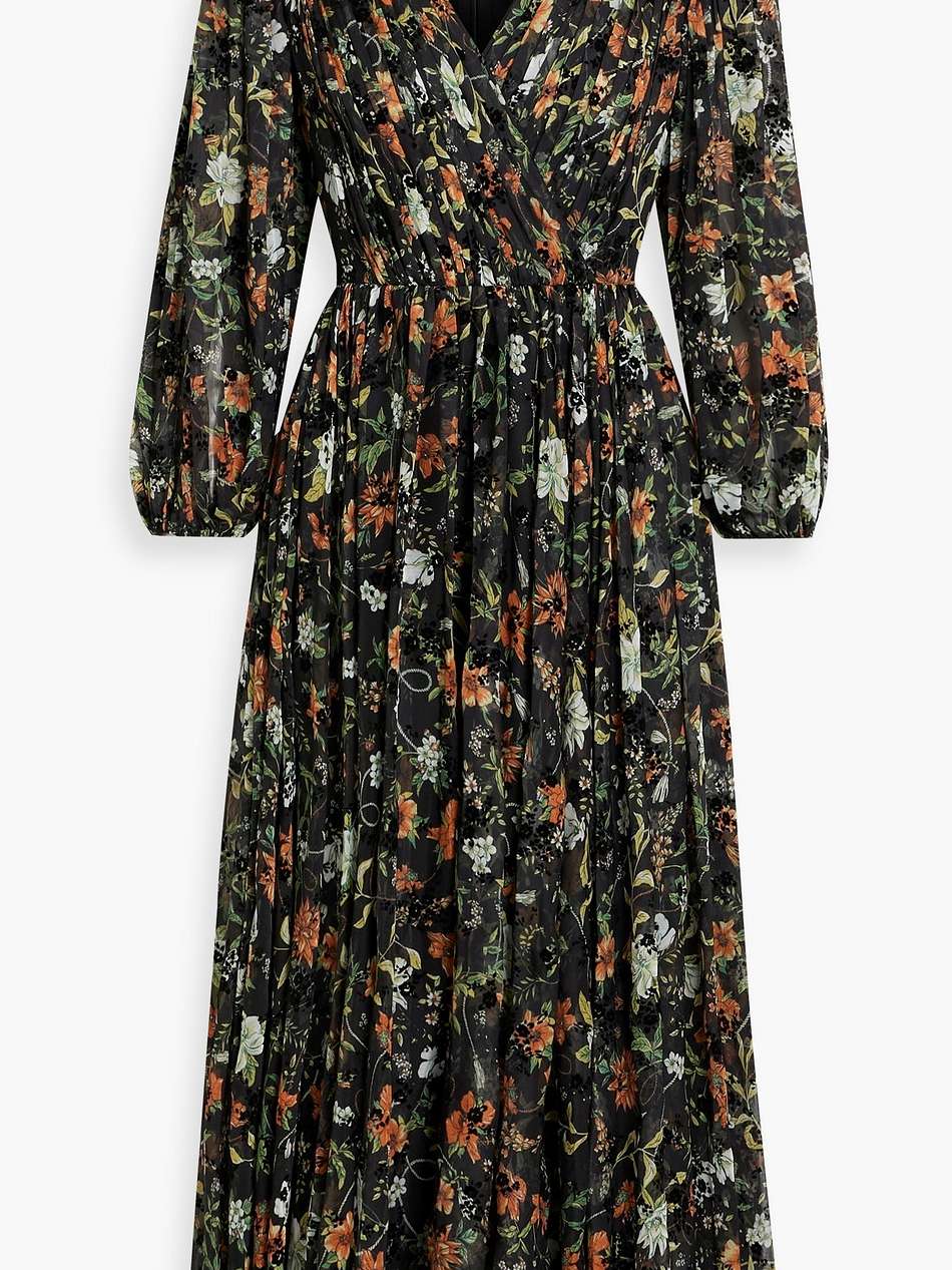 flocked floral-print chiffon midi dress