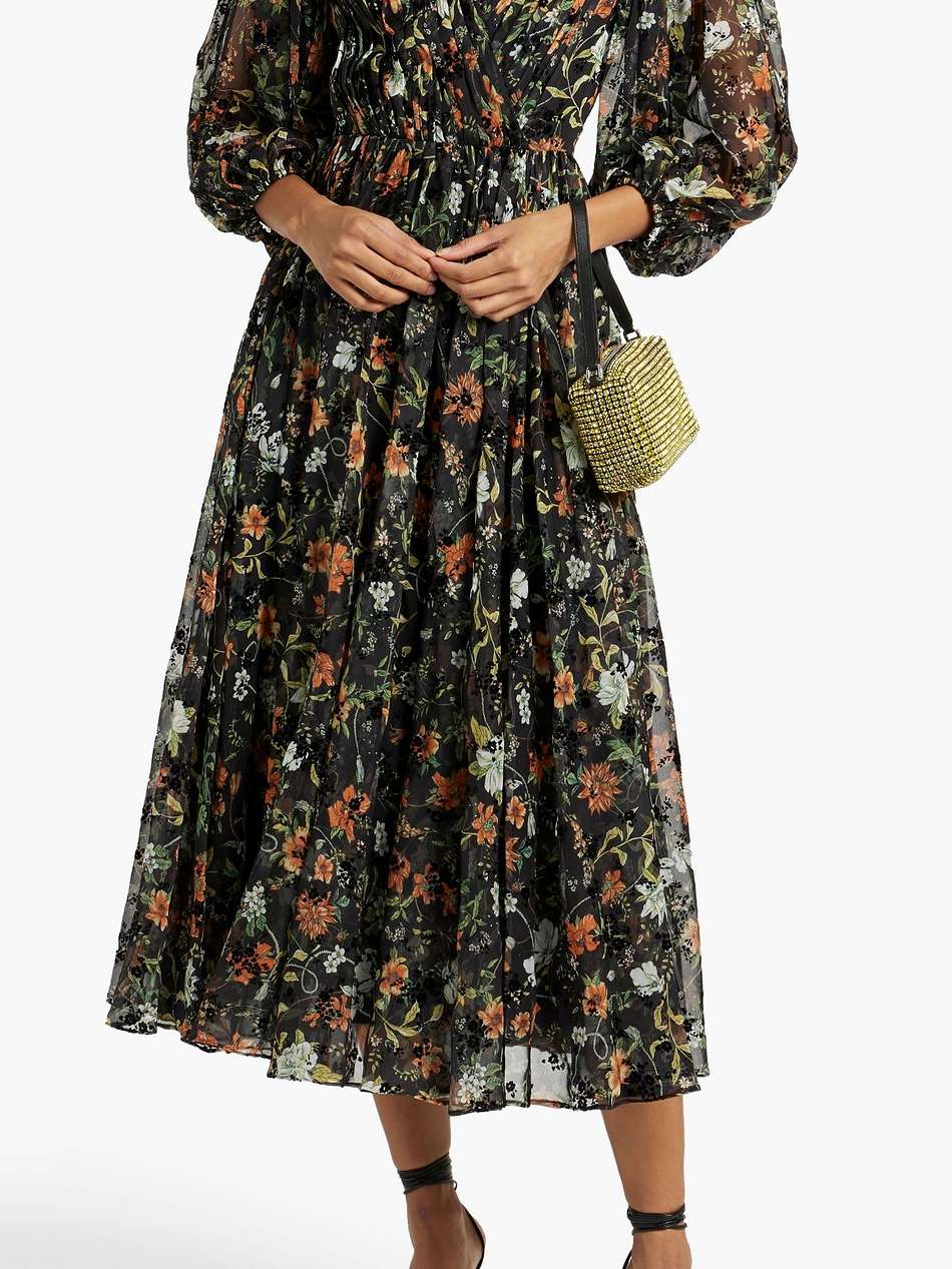 flocked floral-print chiffon midi dress