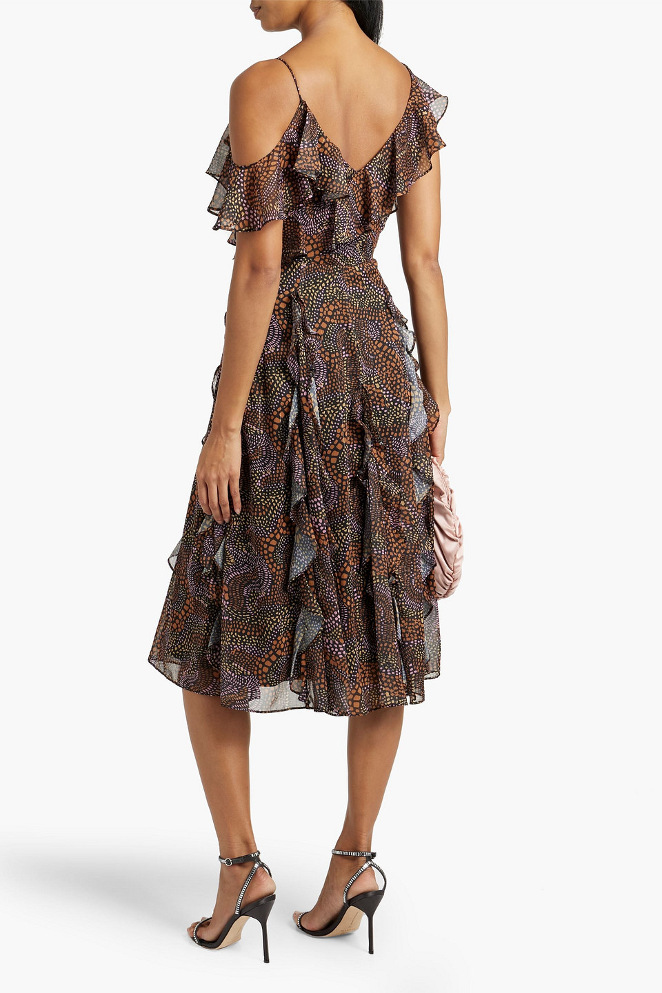 Shop Mikael Aghal Ruffled Metallic Printed Crepe De Chine Midi Dress In Orange