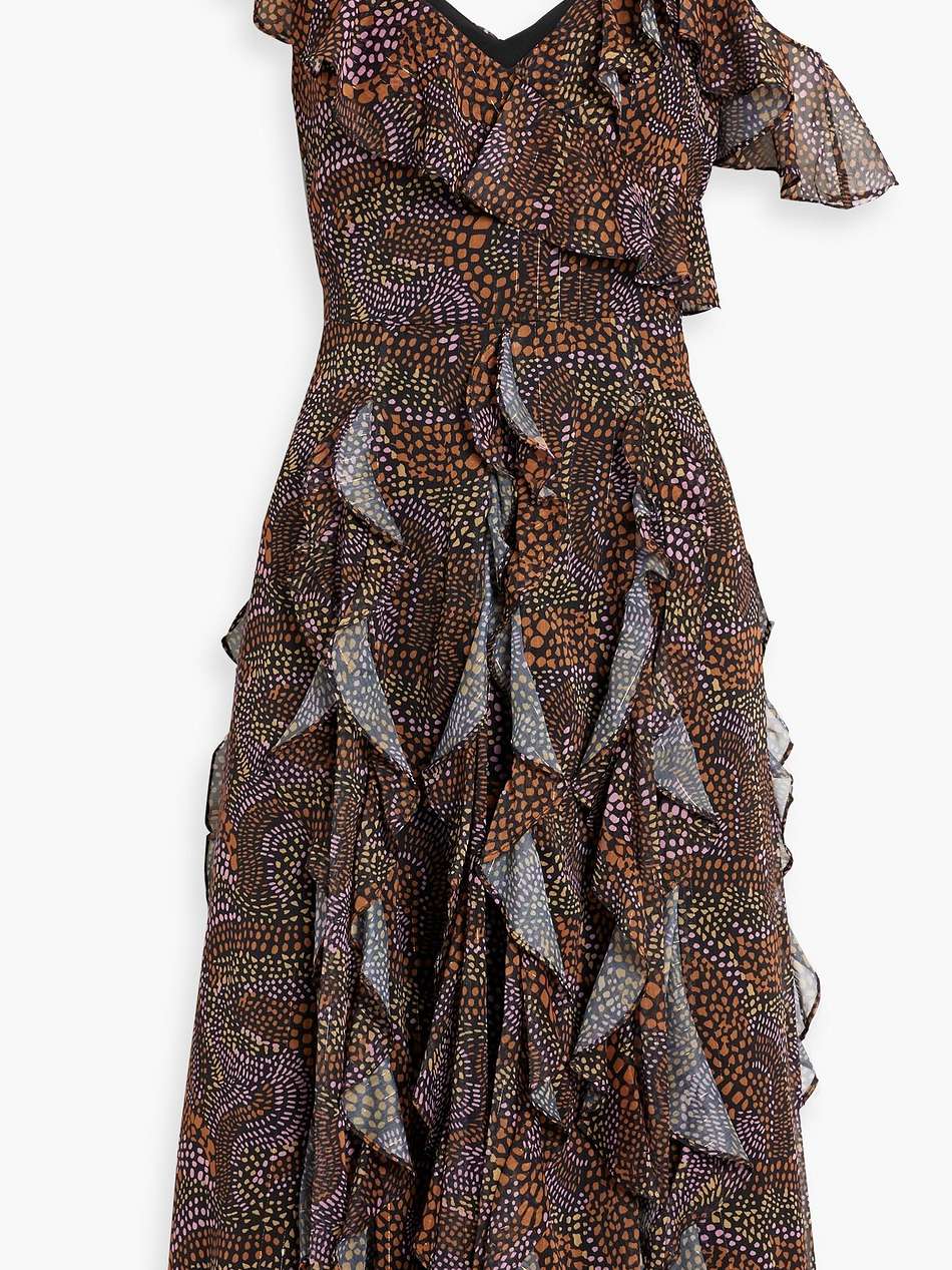 ruffled metallic printed crepe de chine midi dress