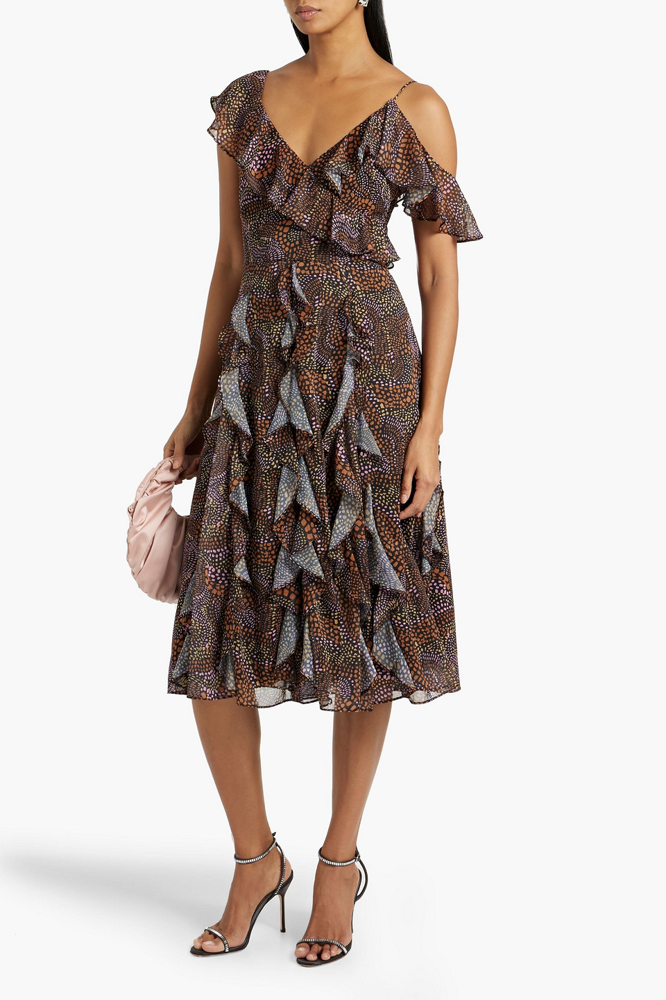 Shop Mikael Aghal Ruffled Metallic Printed Crepe De Chine Midi Dress In Orange