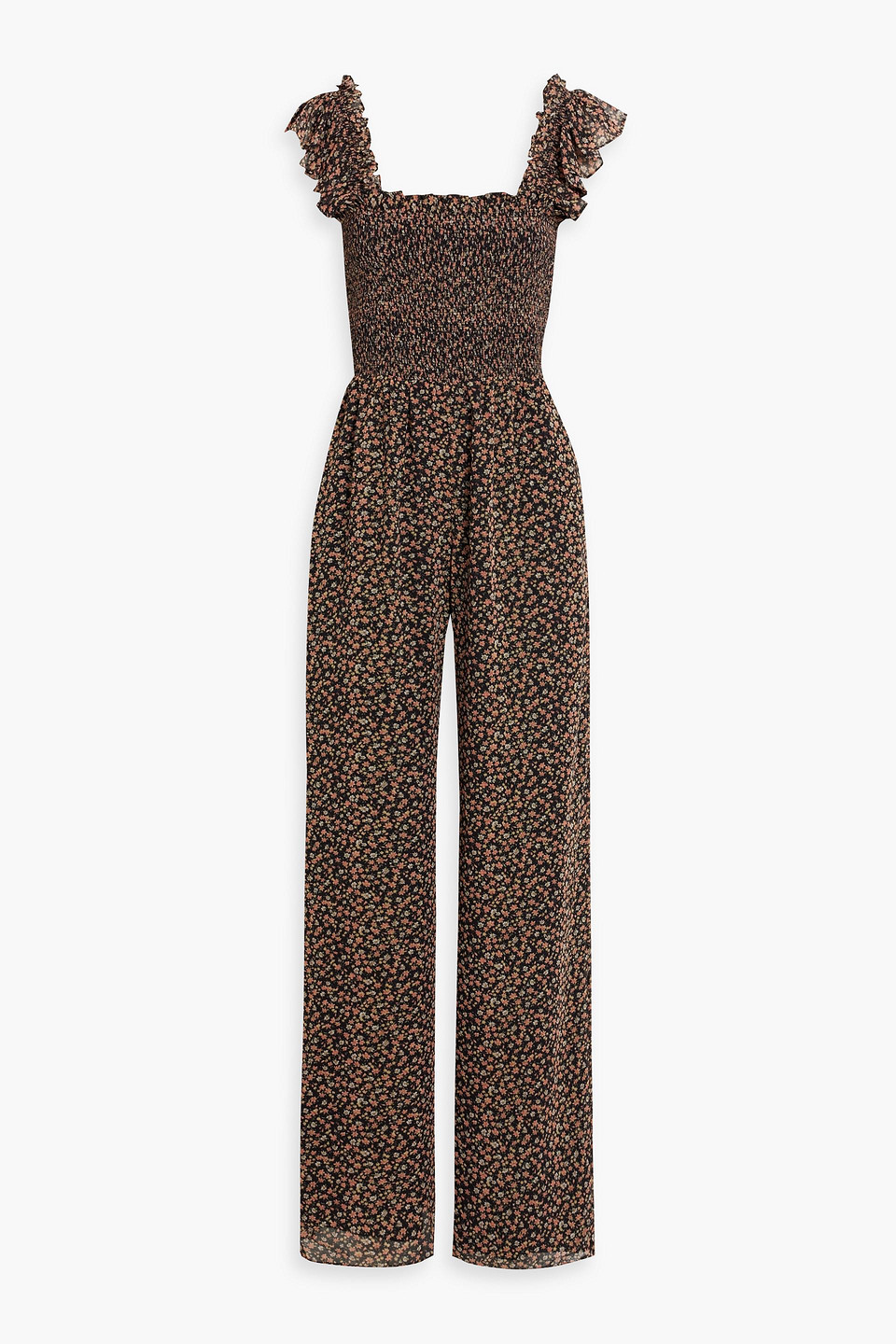Mikael Aghal Shirred Floral-print Crepe De Chine Wide-leg Jumpsuit In Black