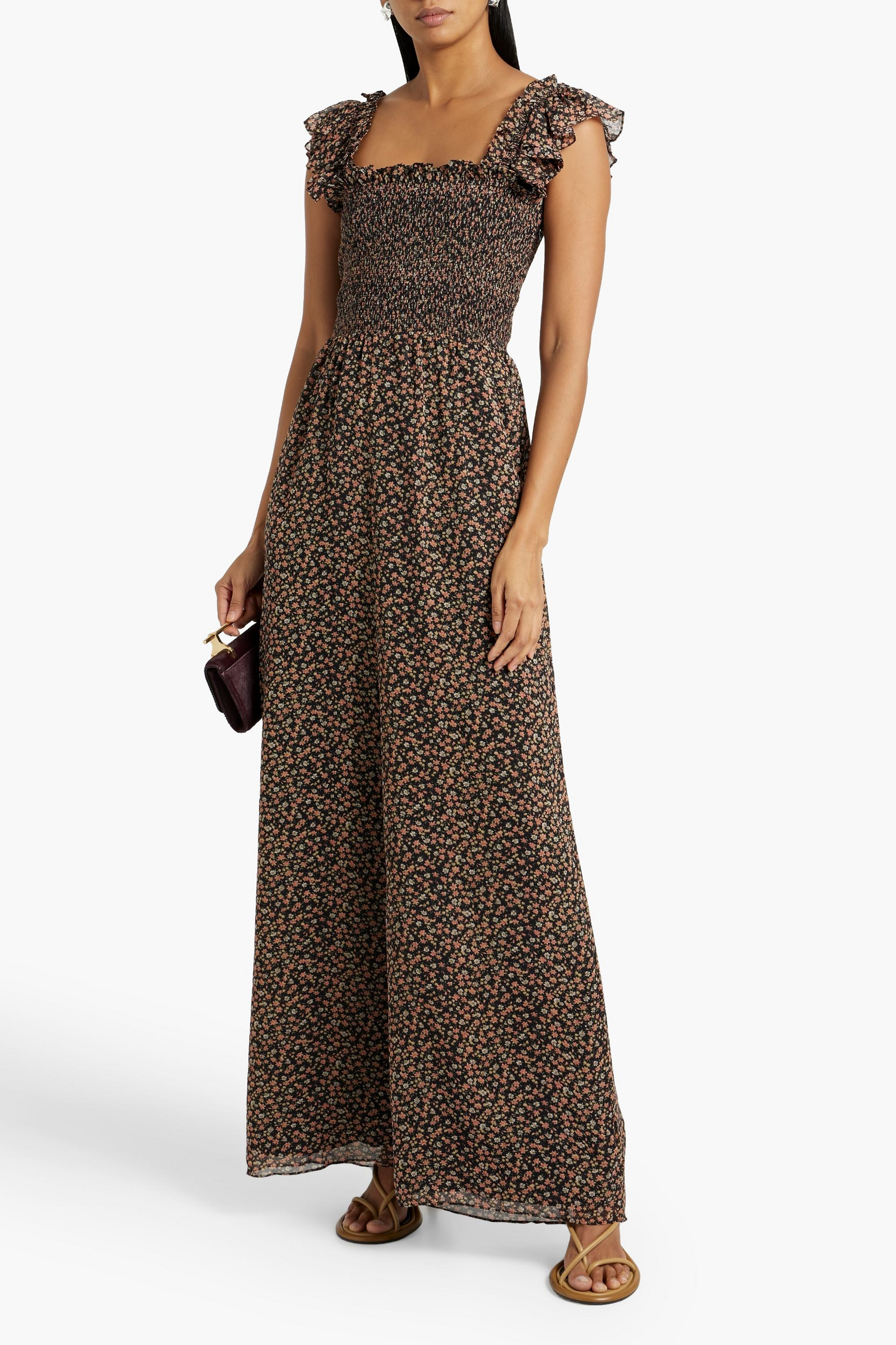 MIKAEL AGHAL Shirred floral-print crepe de chine wide-leg jumpsuit