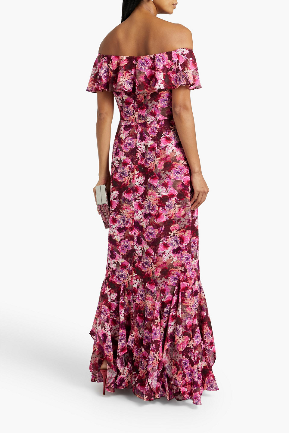 MIKAEL AGHAL OFF-THE-SHOULDER RUFFLED FLORAL-PRINT FIL COUPÉ GOWN