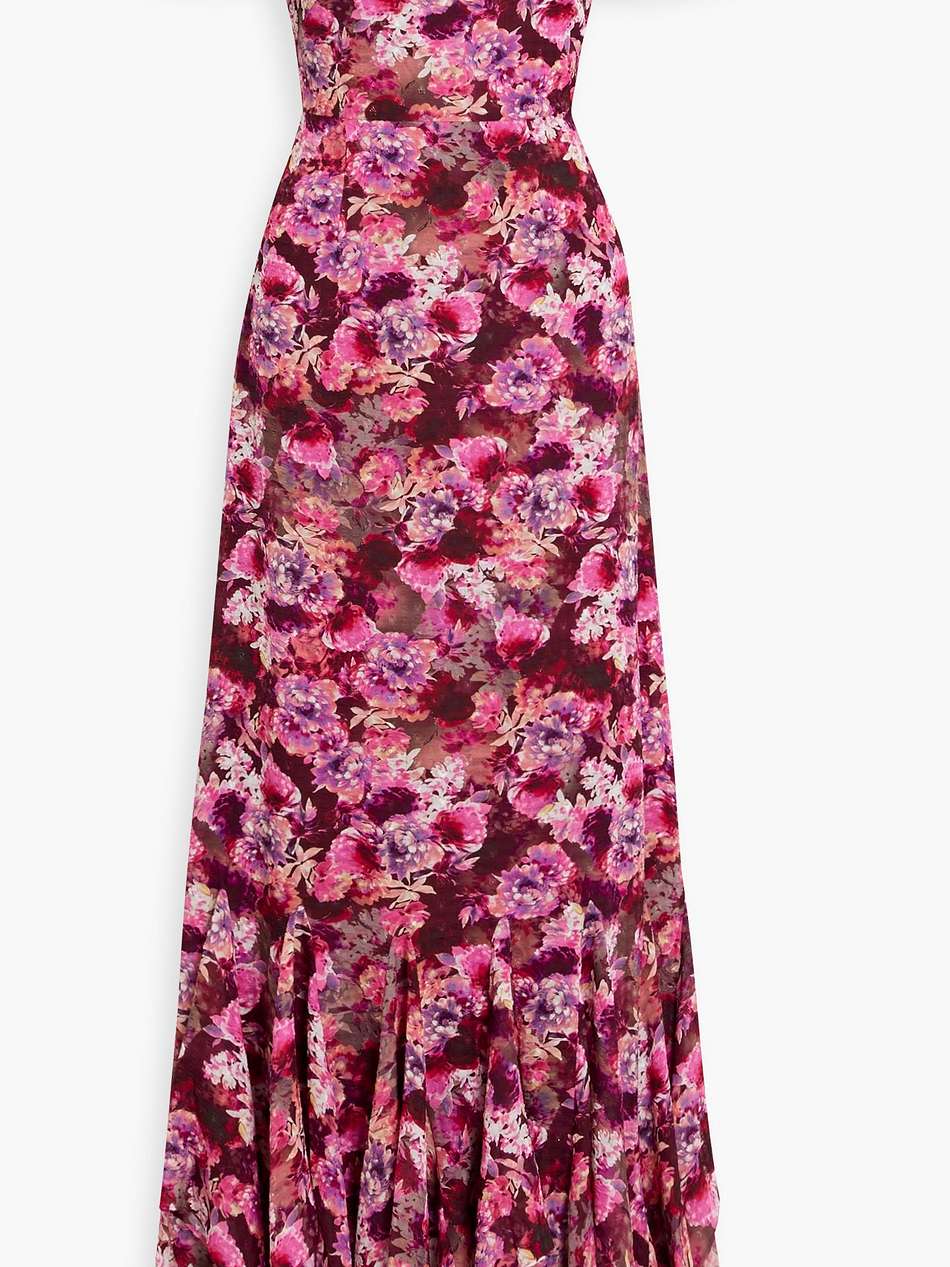 off-the-shoulder ruffled floral-print fil coupé gown