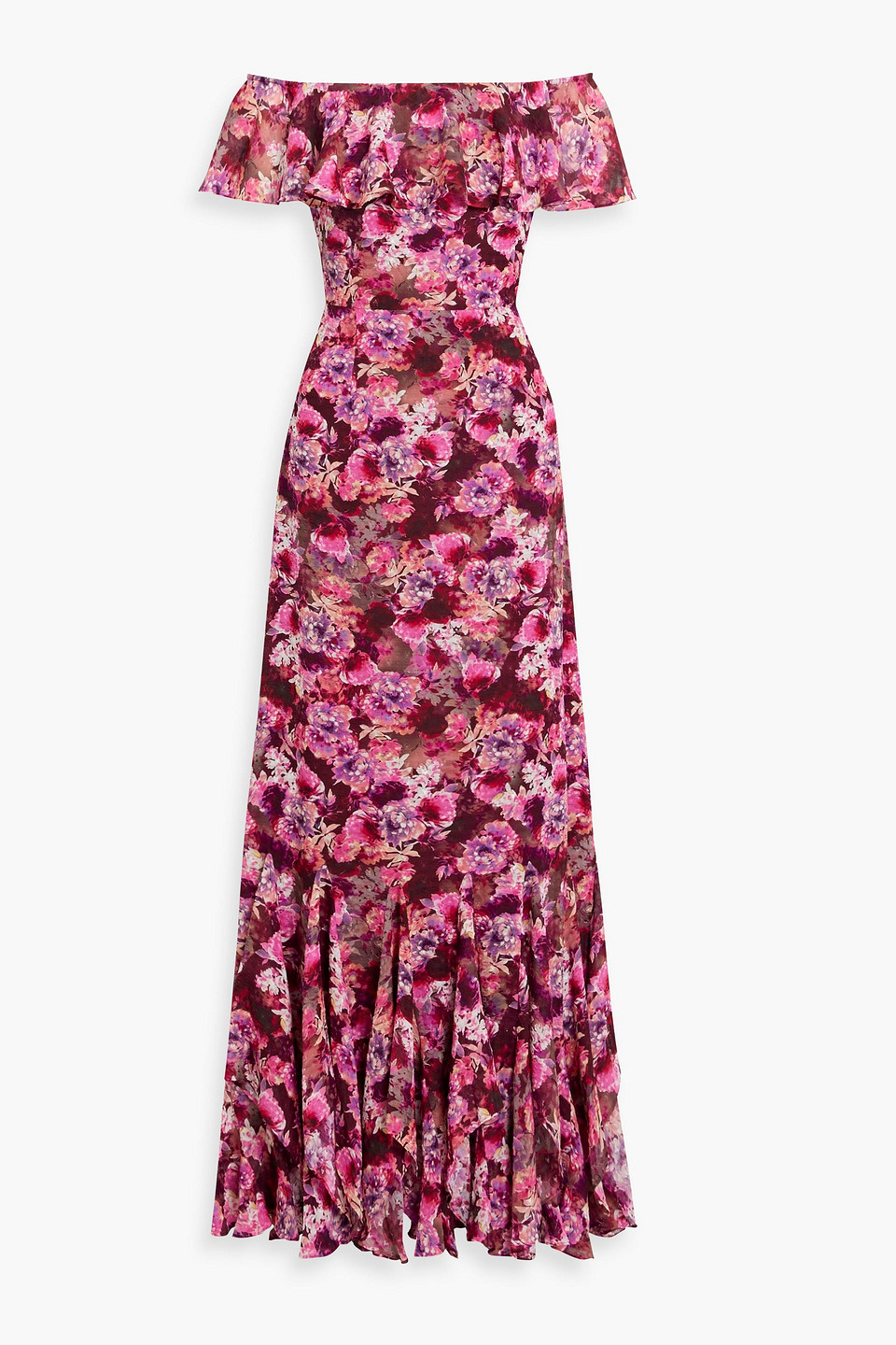 Mikael Aghal Off-the-shoulder Ruffled Floral-print Fil Coupé Gown In Fuchsia