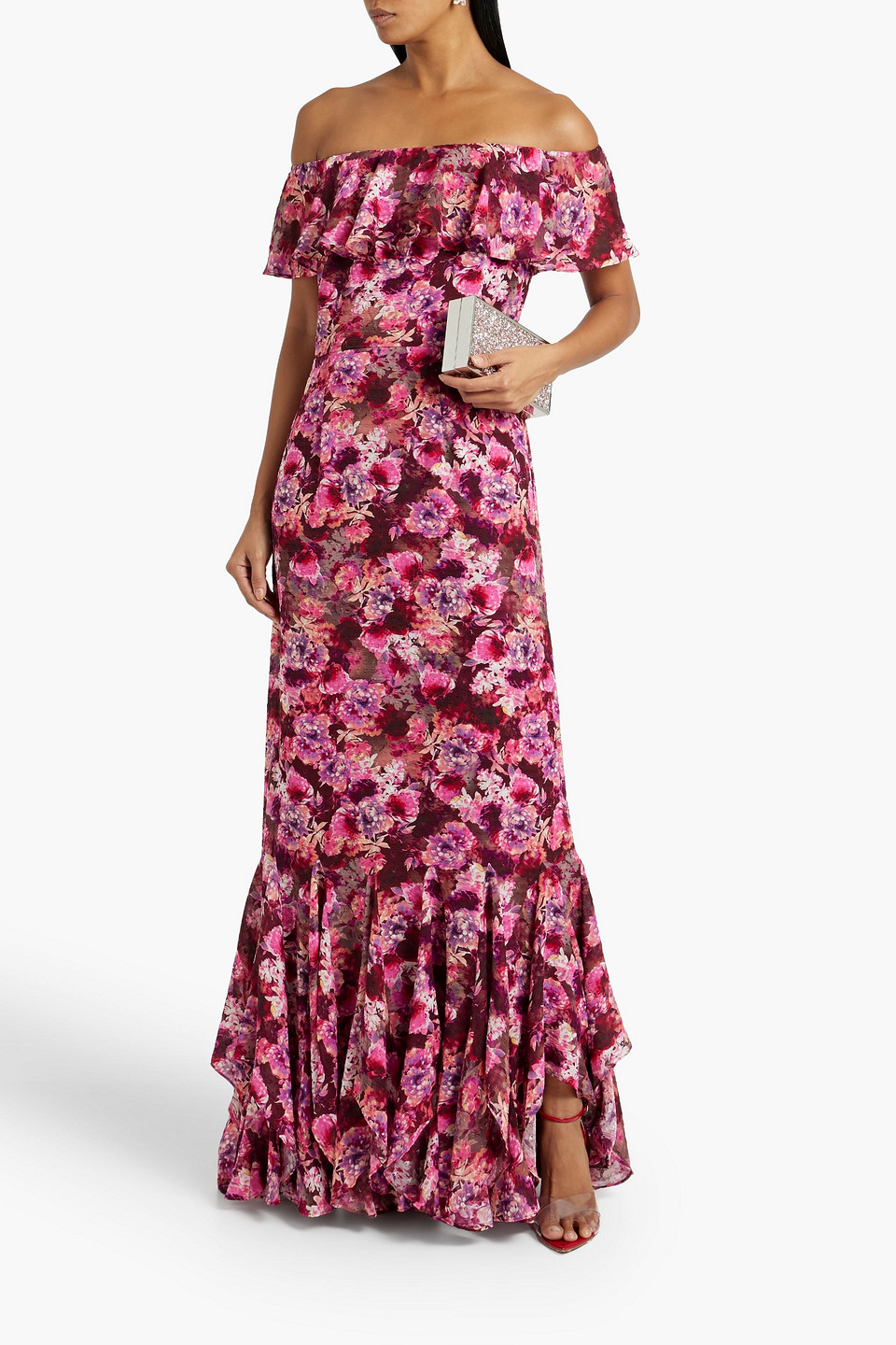 MIKAEL AGHAL OFF-THE-SHOULDER RUFFLED FLORAL-PRINT FIL COUPÉ GOWN