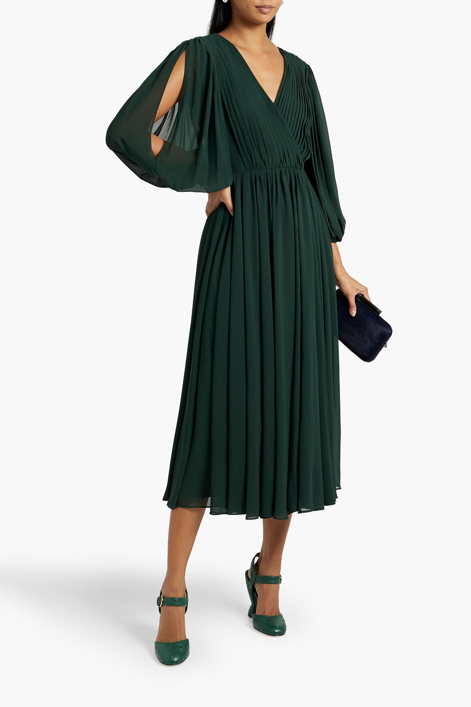 Shop Mikael Aghal Pintucked Cutout Chiffon Midi Dress In Emerald