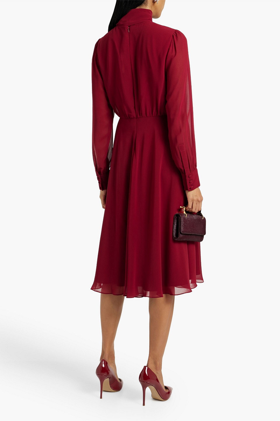 Shop Mikael Aghal Tie-detailed Chiffon Dress In Claret