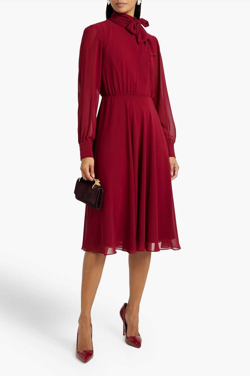 Shop Mikael Aghal Tie-detailed Chiffon Dress In Claret