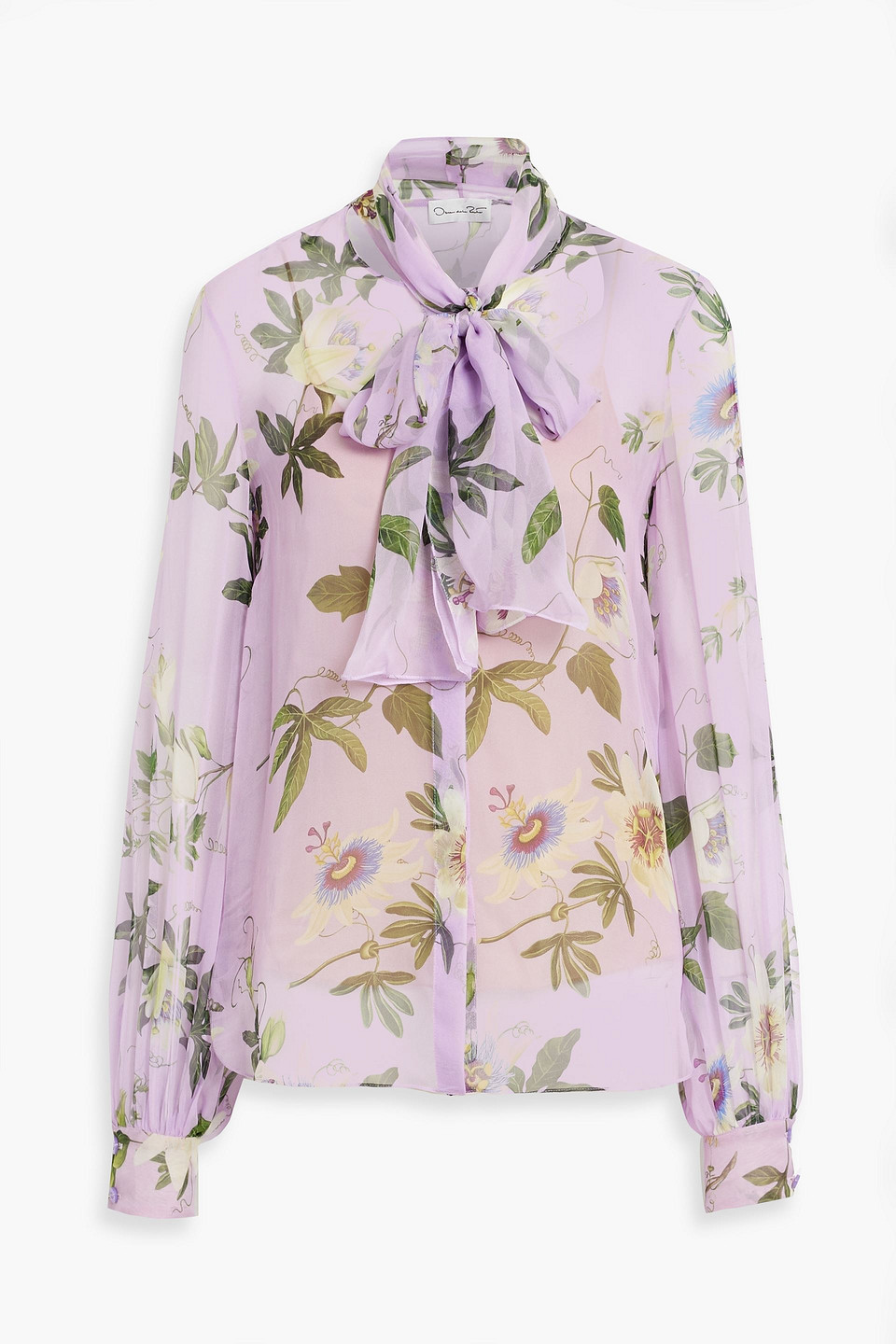 Oscar De La Renta Pussy-bow Floral-print Silk-chiffon Blouse In Lilac