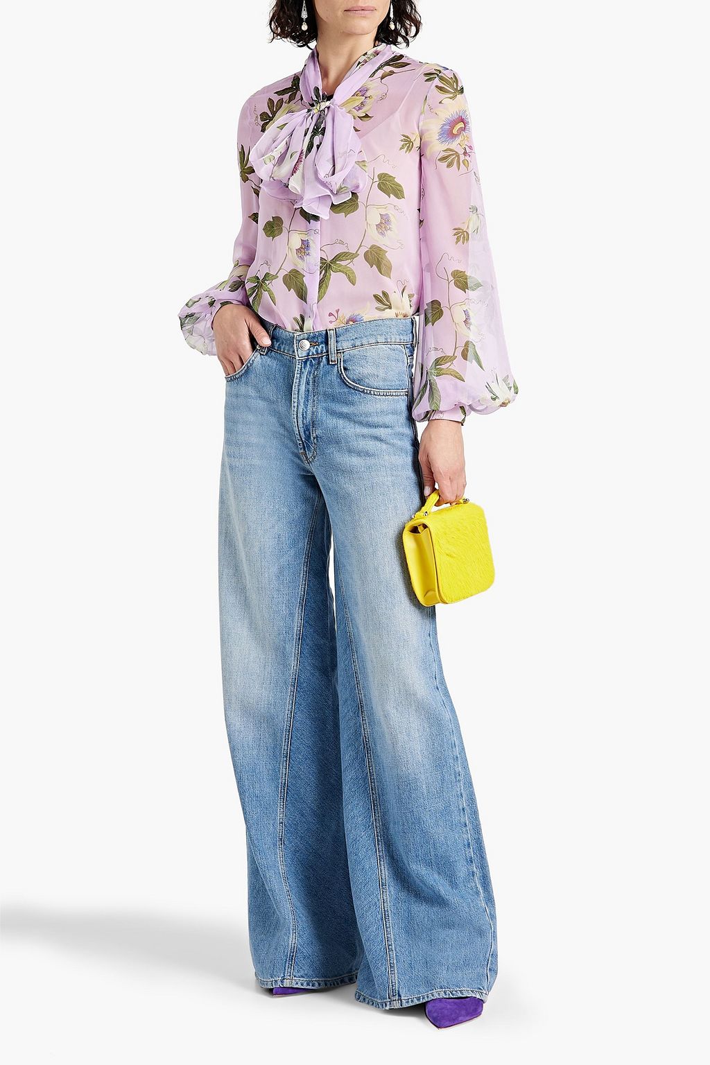 OSCAR DE LA RENTA Pussy-bow floral-print silk-chiffon blouse