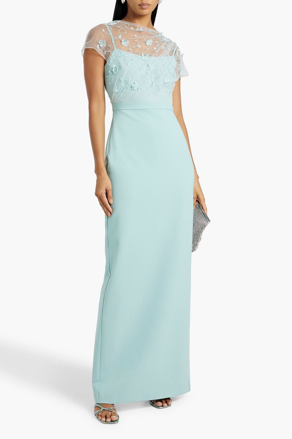 THEIA Desirae embellished tulle-paneled crepe gown