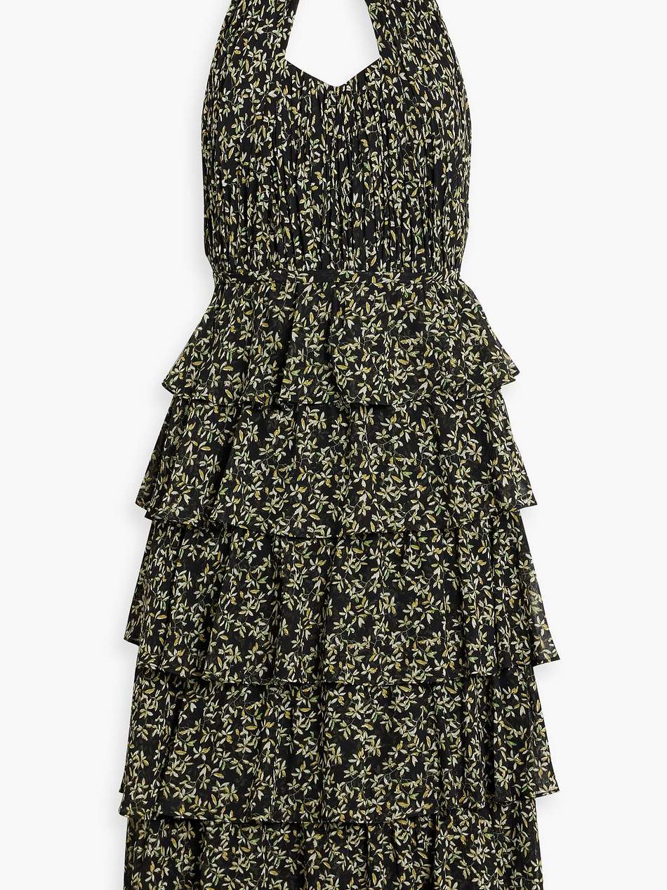 cutout tiered printed crepe de chine midi dress