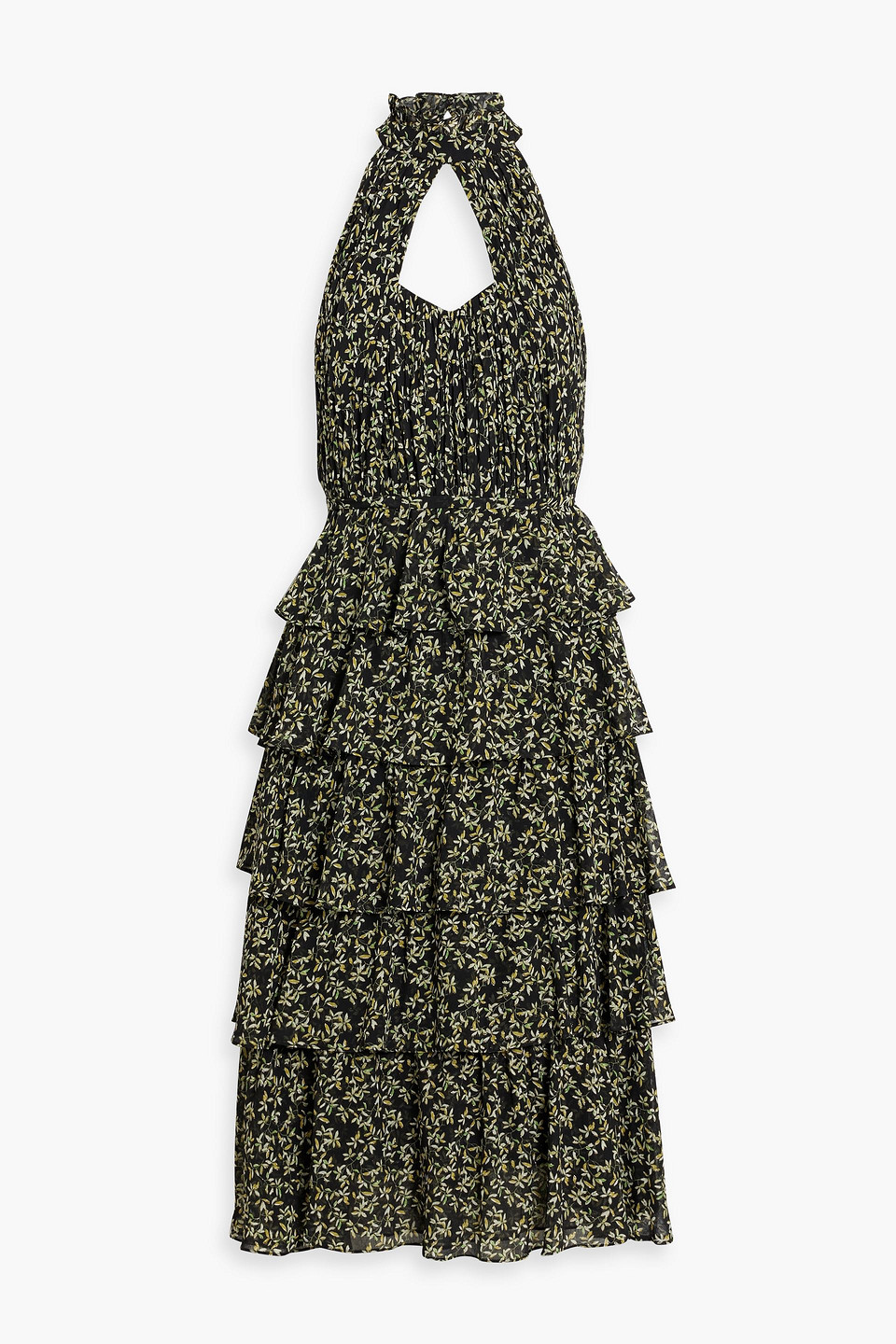 Mikael Aghal Cutout Tiered Printed Crepe De Chine Midi Dress In Black