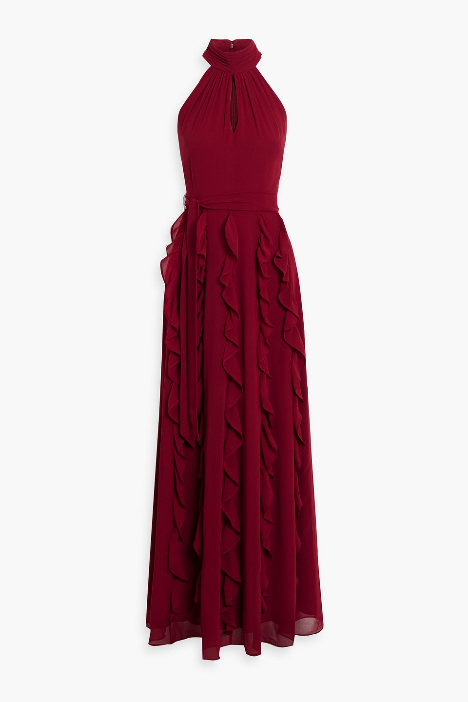 Mikael Aghal Ruffled Belted Crepe De Chine Maxi Dress In Claret