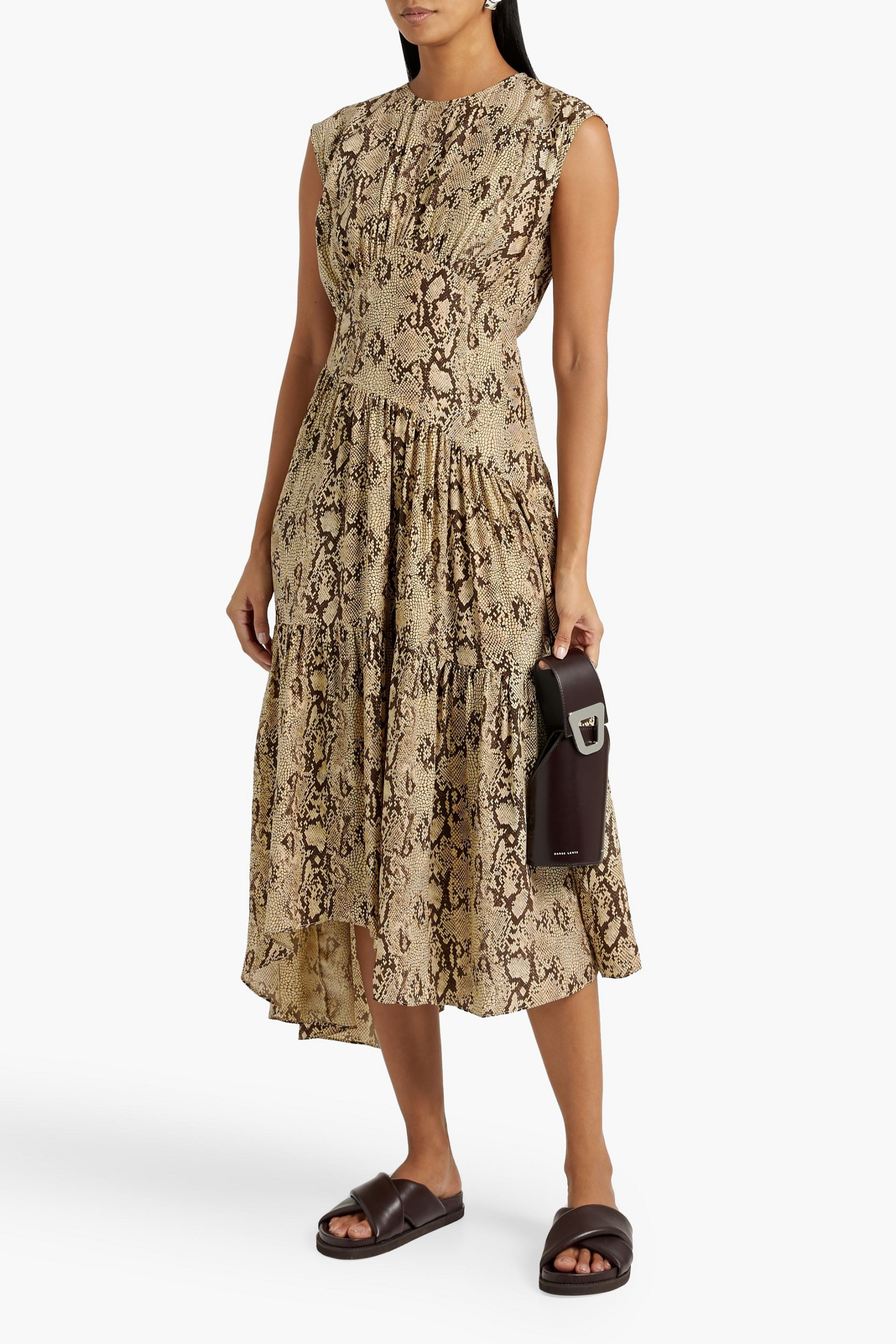 FRAME Asymmetric snake-print silk-satin midi dress