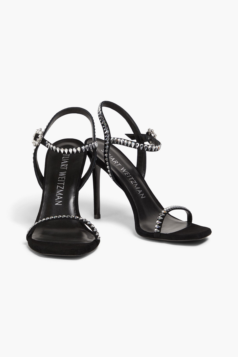 Stuart Weitzman Gem Cut 100 Crystal-embellished Suede Sandals In Black