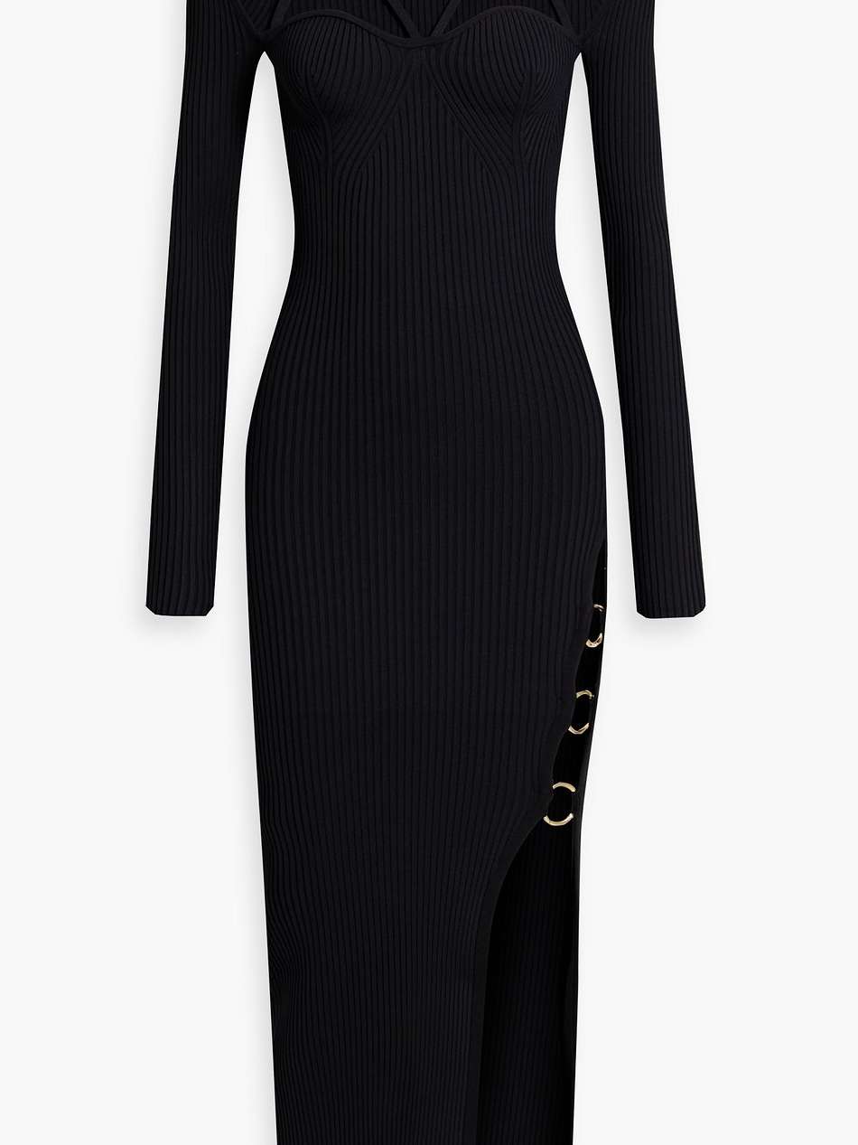 janet embellished ribbed-knit midi dress