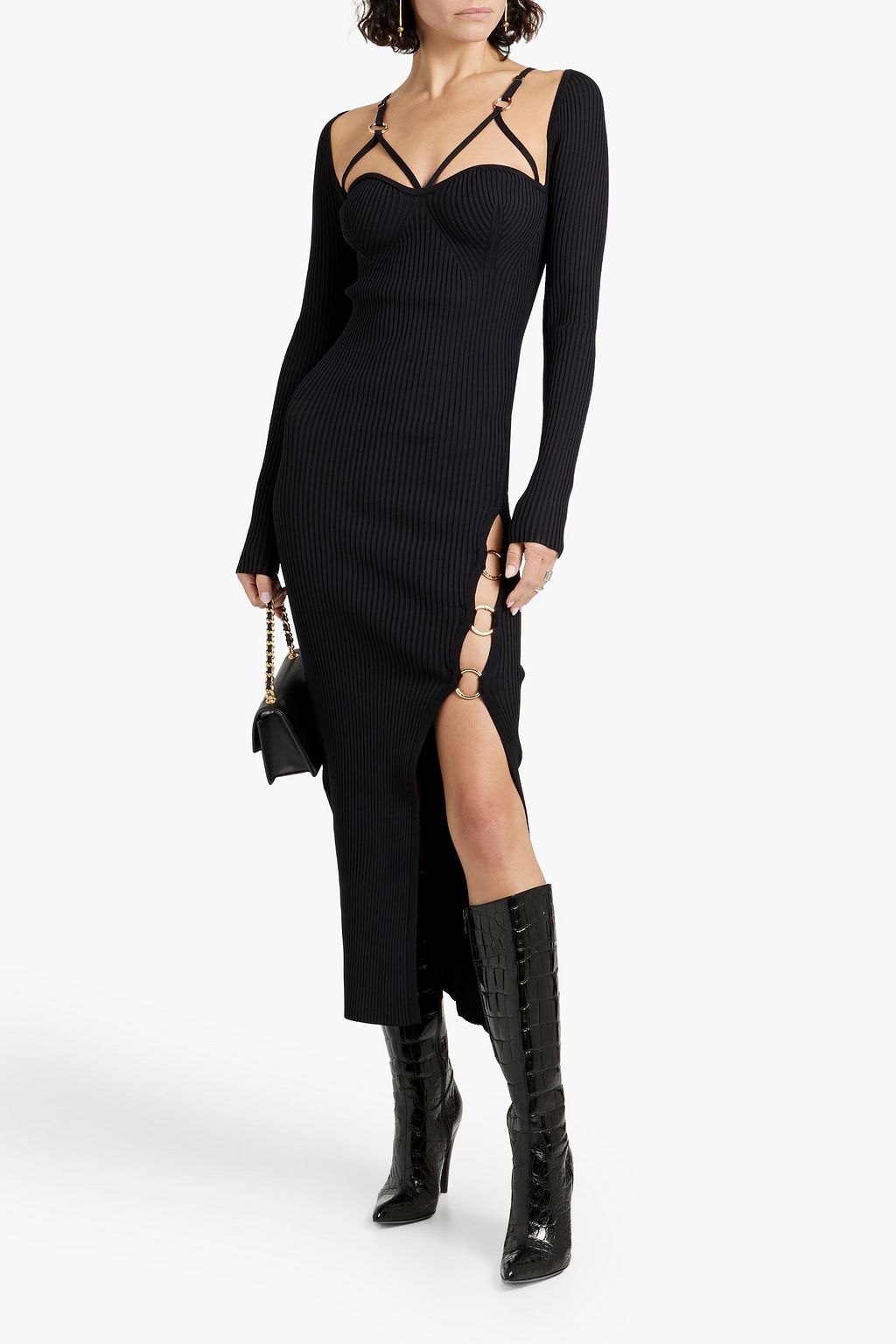 NICHOLAS Ring-embellished ribbed-knit midi dress