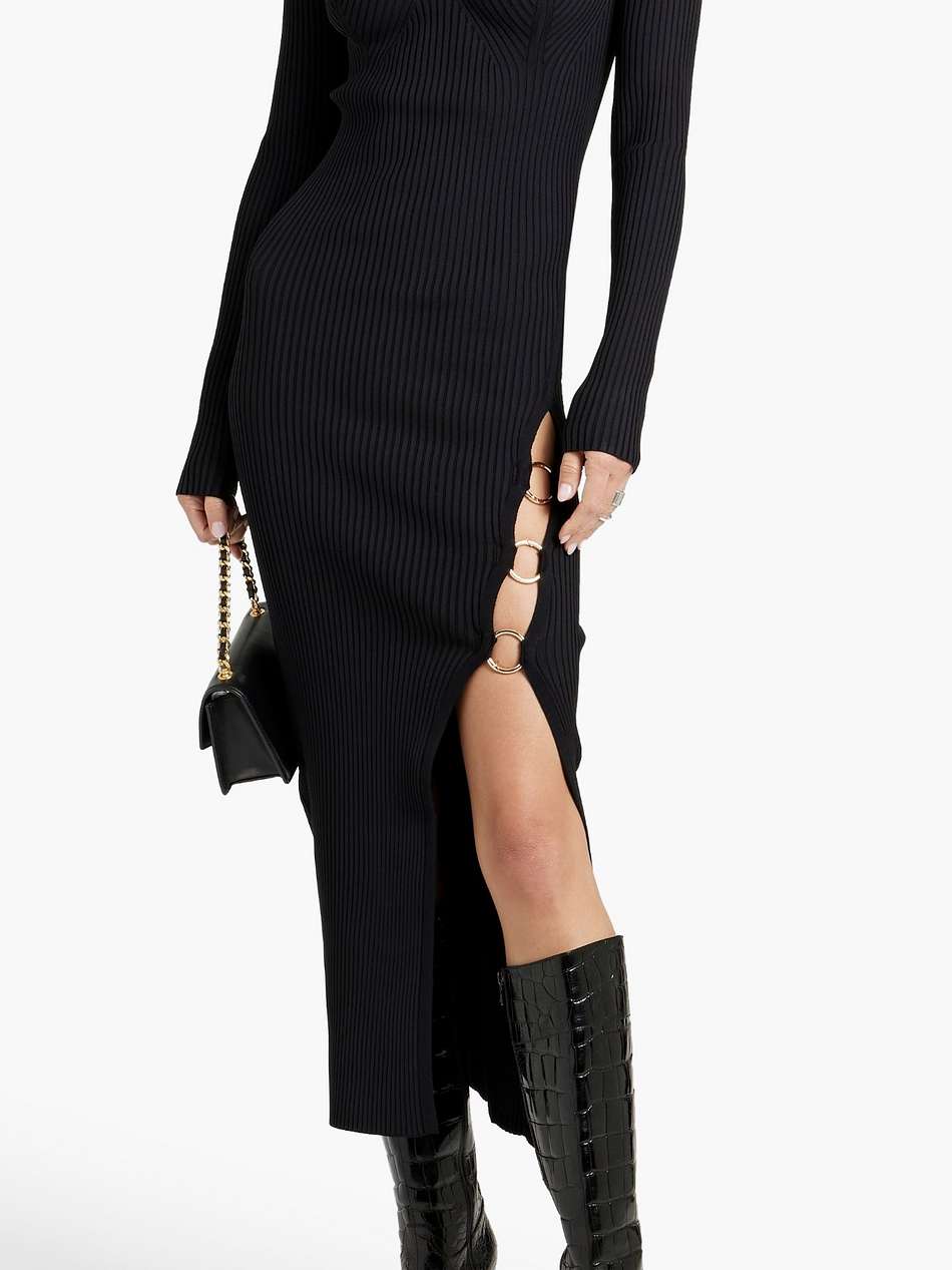 janet embellished ribbed-knit midi dress