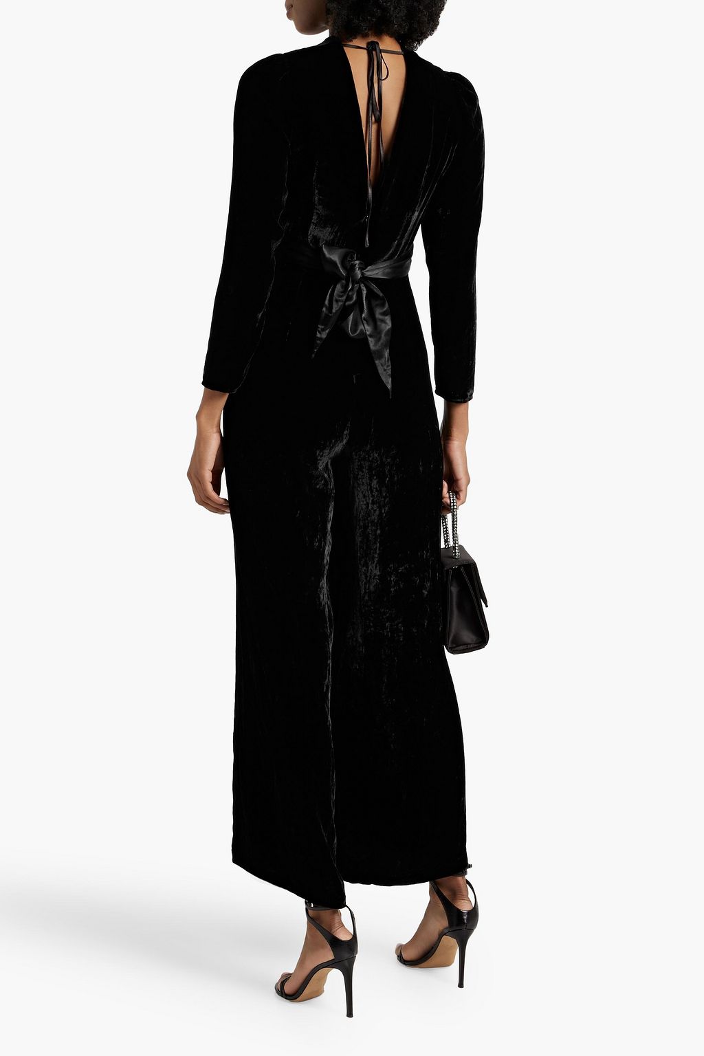 RIXO Satin-trimmed draped velvet wide-leg jumpsuit