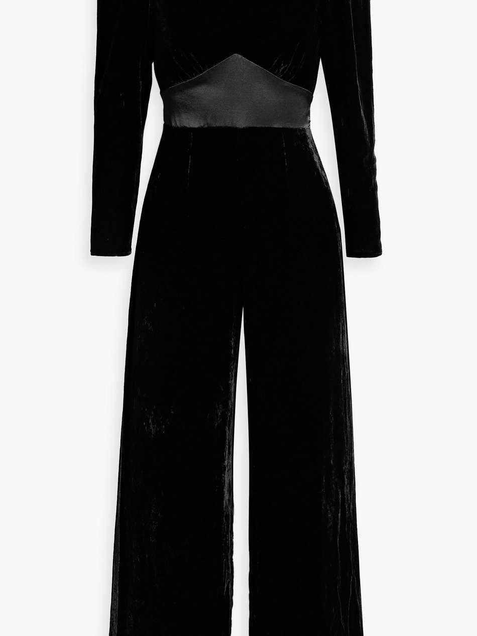 satin-trimmed draped velvet wide-leg jumpsuit