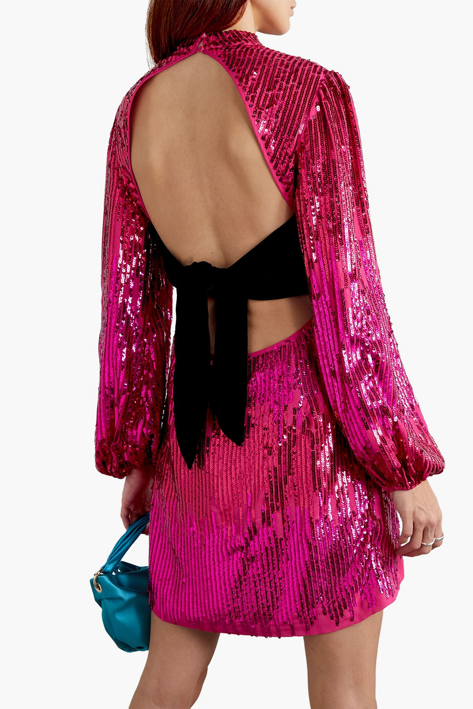 Shop Rixo London Lara Cutout Velvet-trimmed Sequined Crepe Mini Dress In Fuchsia