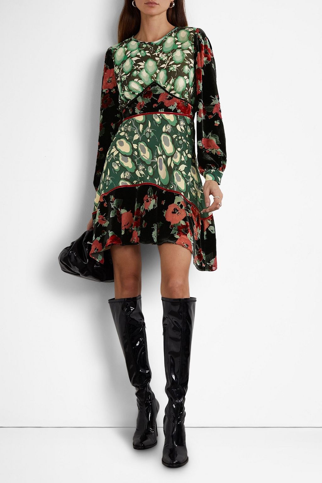 RIXO Edith Minikleid aus Devoré-Samt und Crêpe de Chine aus Seide mit floralem Print