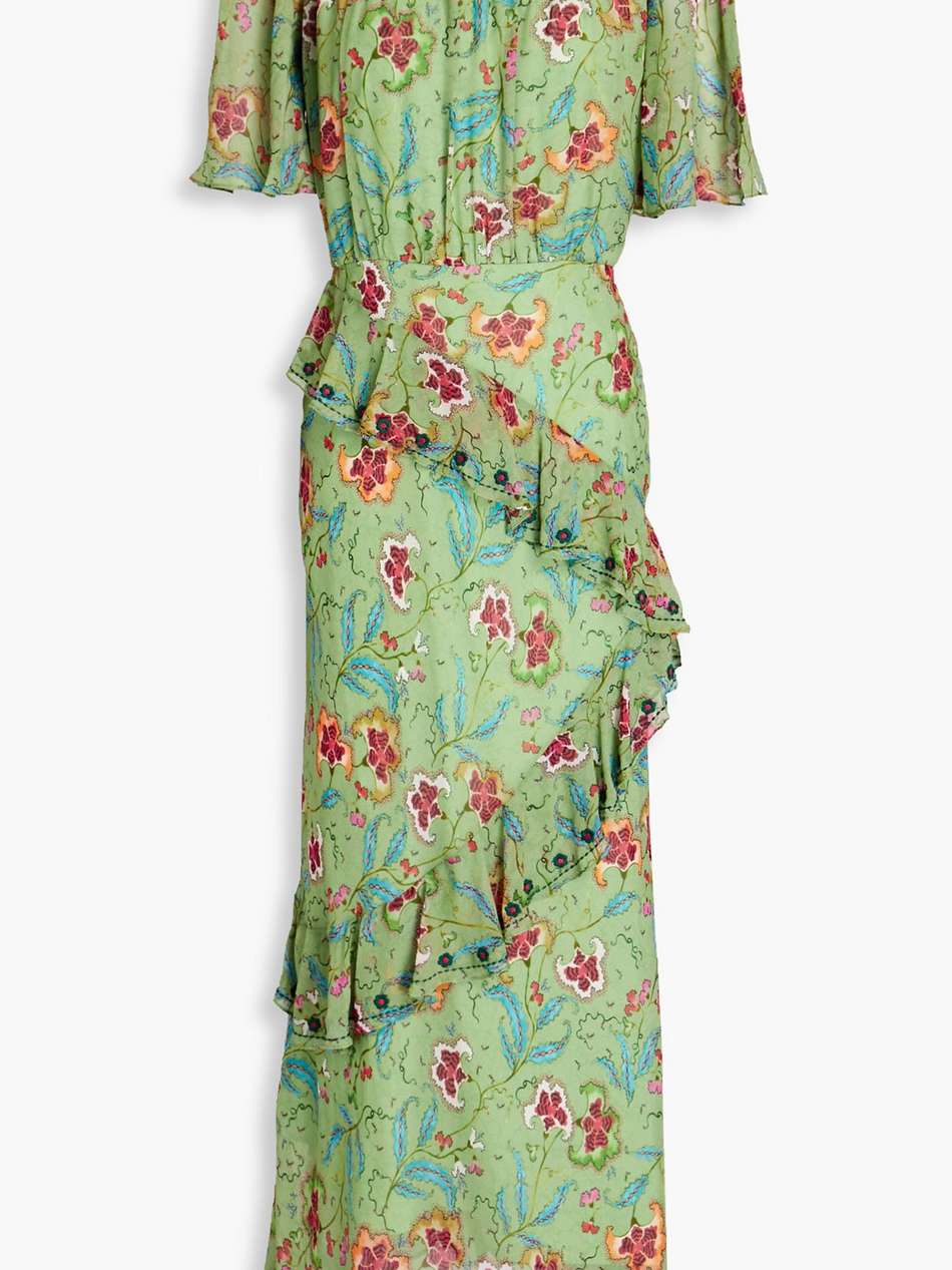 vida ruffled embroidered printed silk-chiffon midi dress