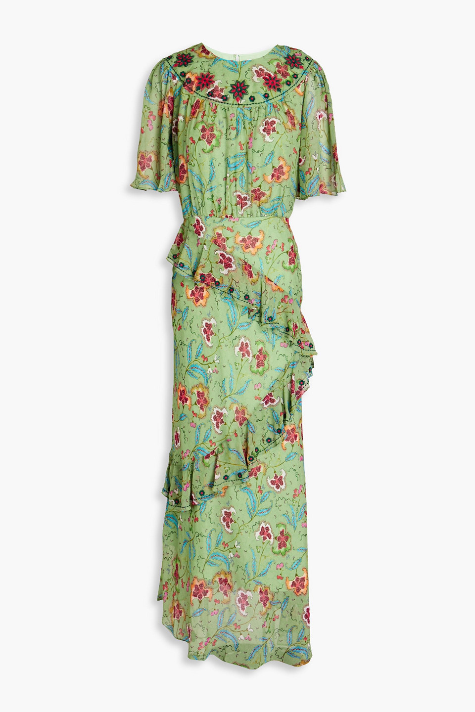 Saloni Vida Ruffled Printed Silk-georgette Maxi Dress In Light Green