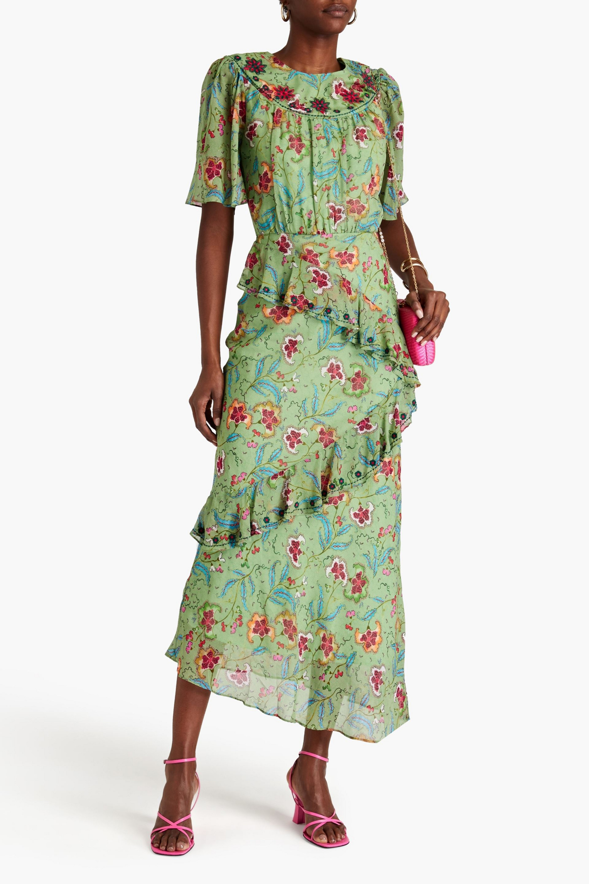 Saloni Vida ruffled embroidered printed silk-chiffon midi dress