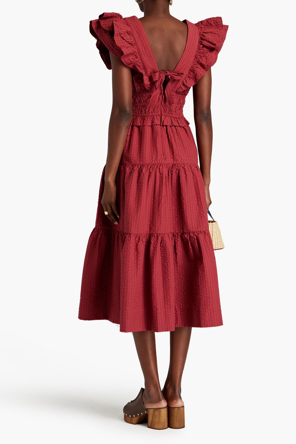 SEA Sevyn gerafftes Midikleid aus Seersucker mit Rüschen