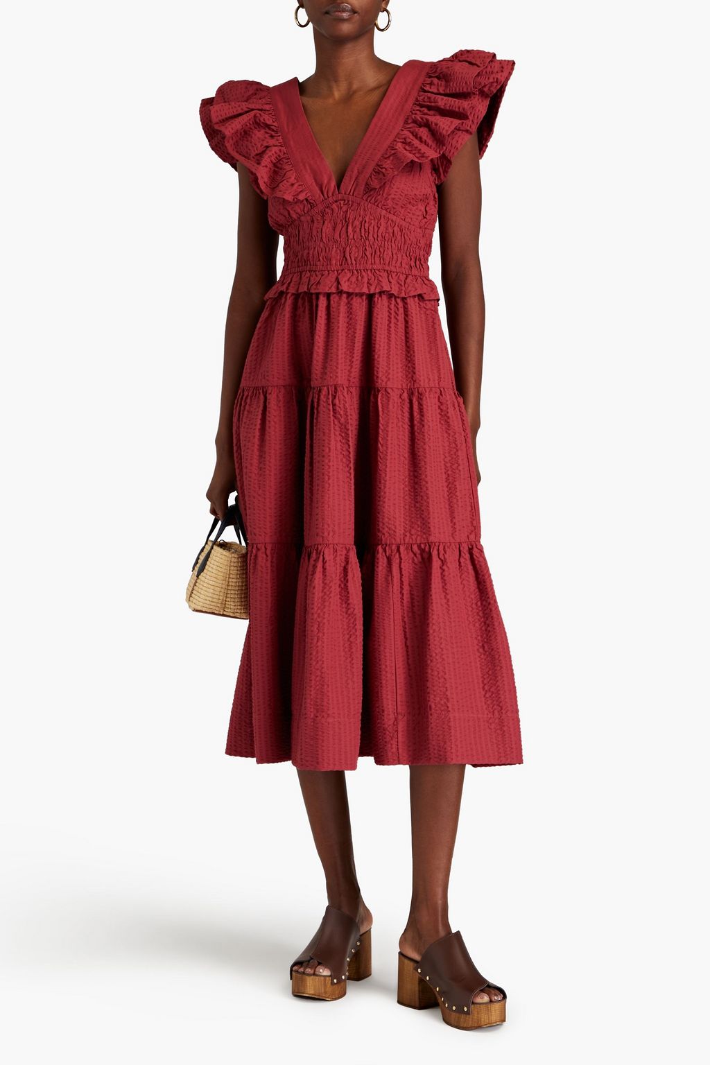 SEA Sevyn gerafftes Midikleid aus Seersucker mit Rüschen