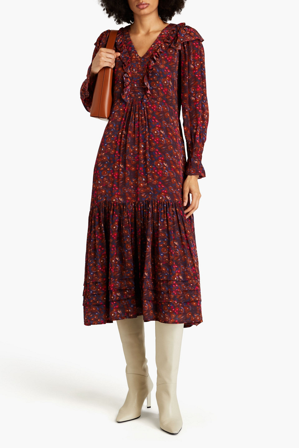 Sea Ilana Pleated Printed Crepe De Chine Midi Dress In Grape
