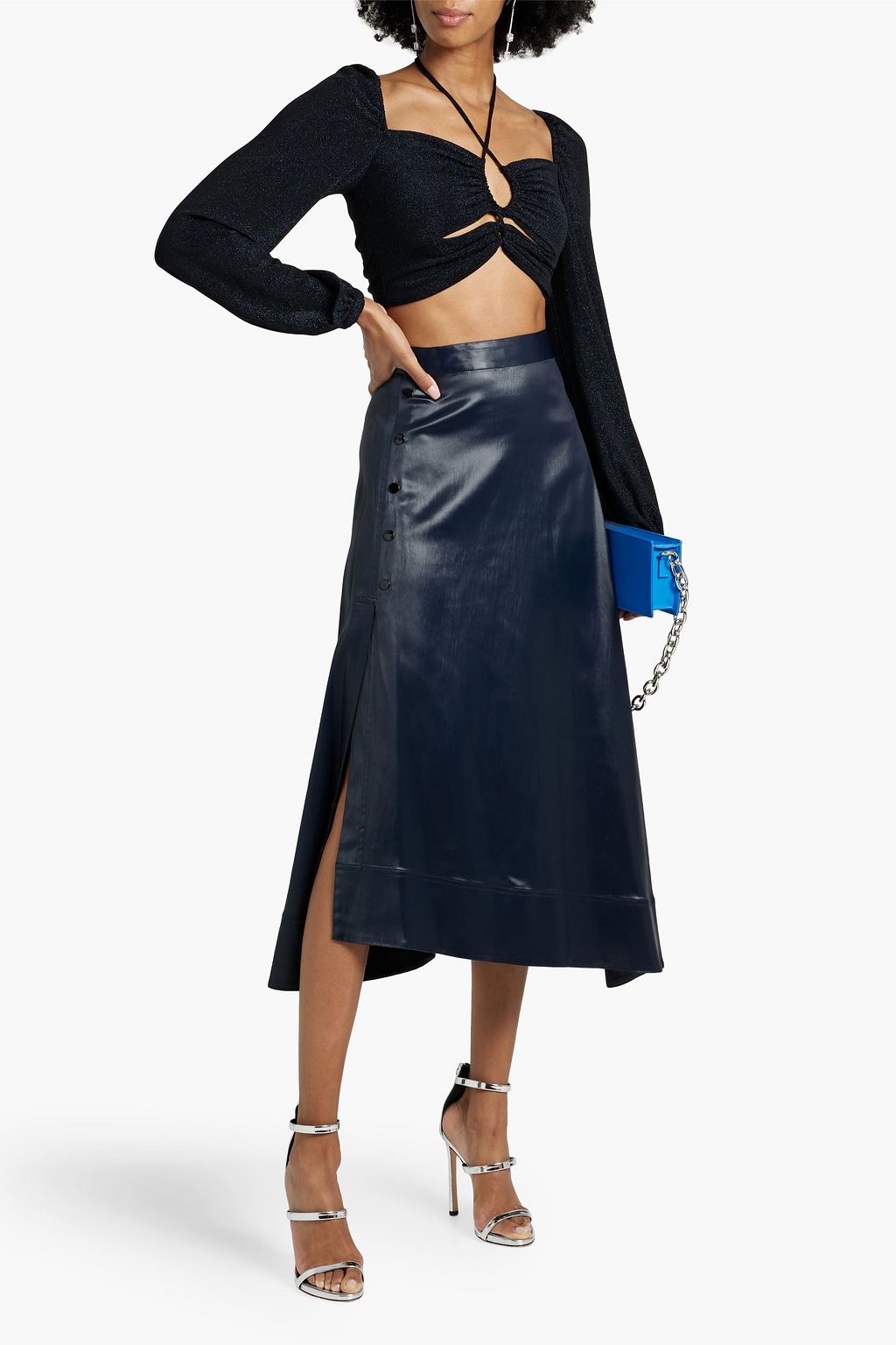 NICHOLAS Cropped cutout metallic stretch-jersey top