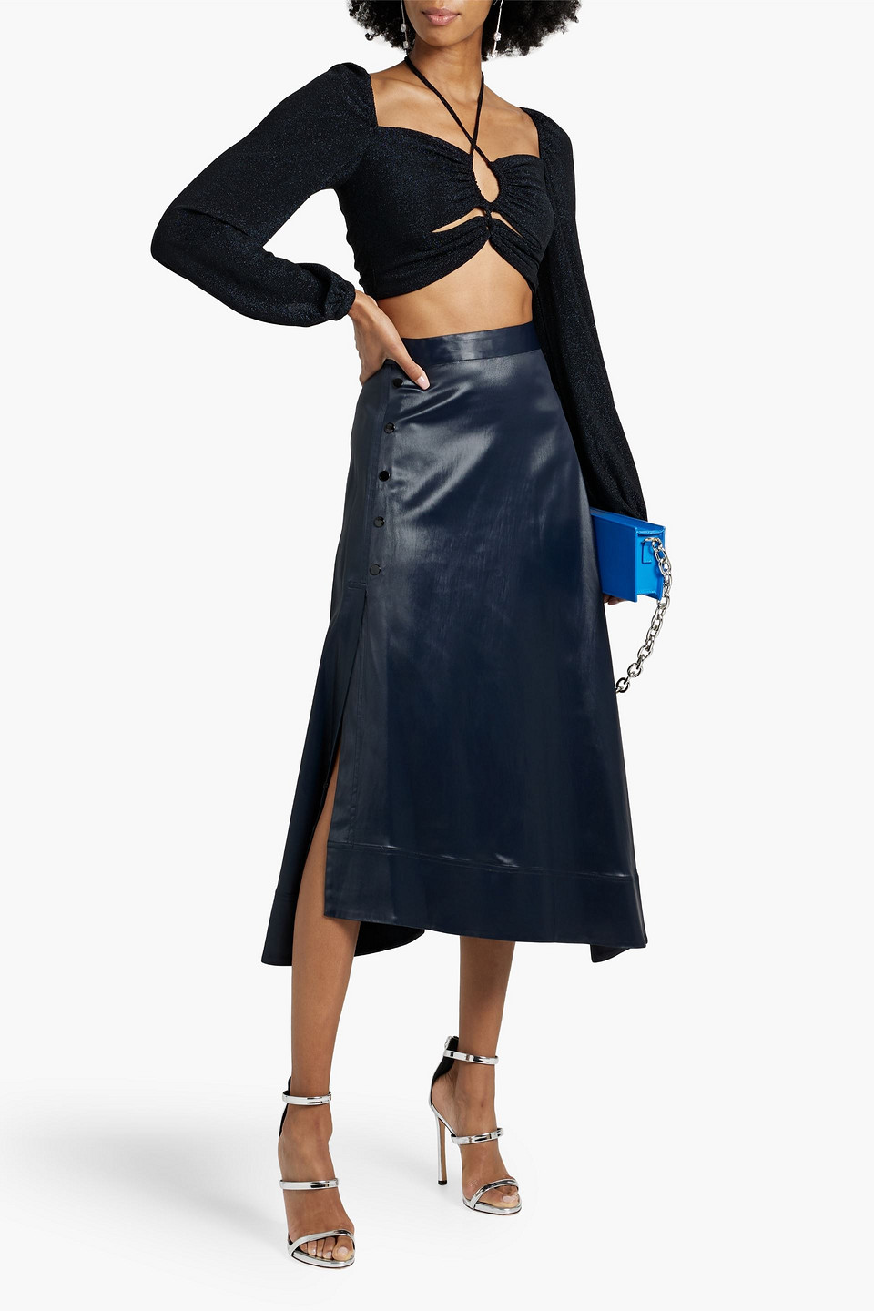 Shop Nicholas Naomi Cropped Cutout Metallic Stretch-jersey Top In Midnight Blue