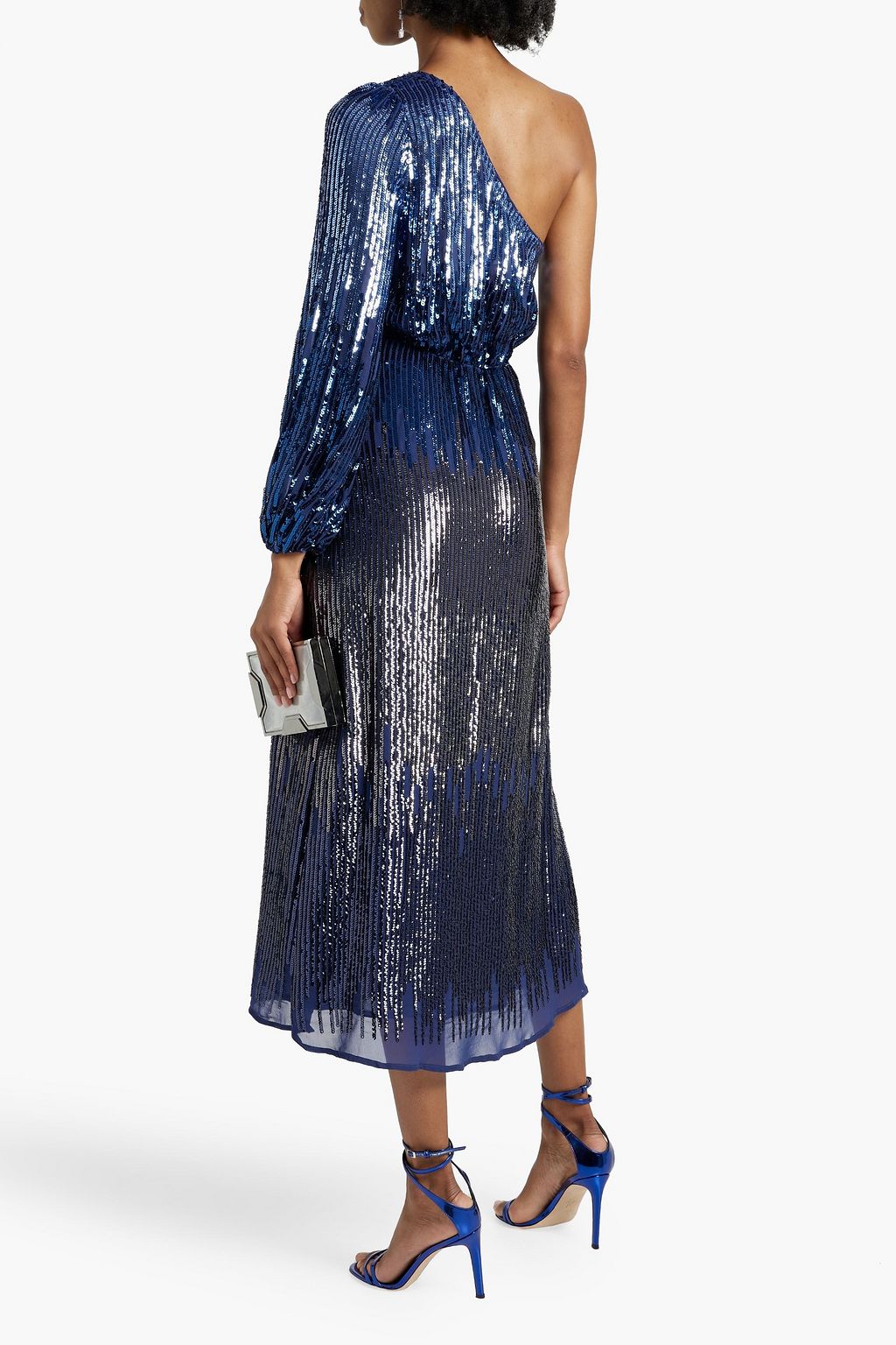 RIXO One-sleeve sequined dégradé chiffon midi dress