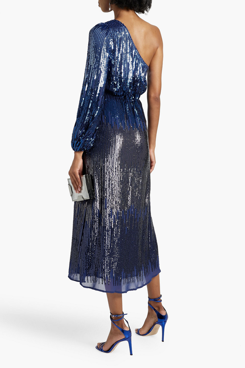 Rixo London One-sleeve Sequined Dégradé Chiffon Midi Dress In Indigo