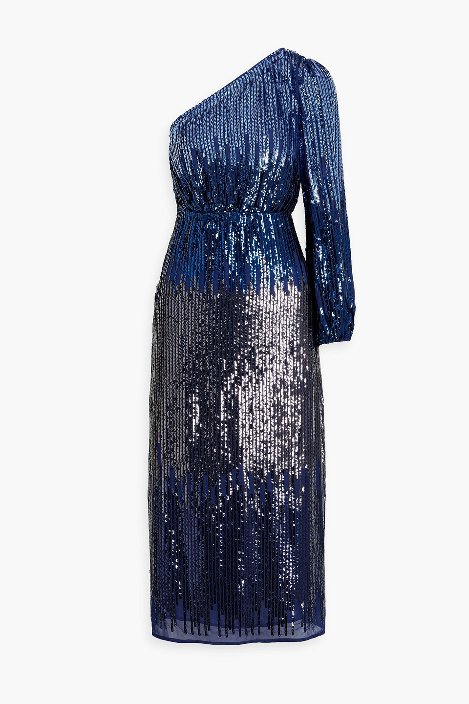 Rixo London One-sleeve Sequined Dégradé Chiffon Midi Dress In Indigo