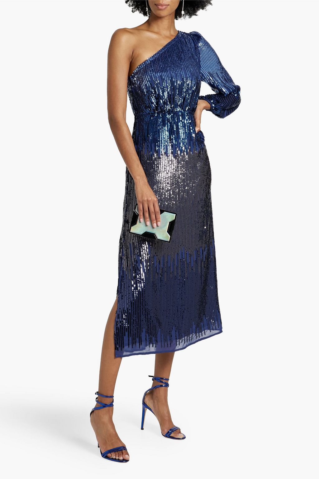 RIXO One-sleeve sequined dégradé chiffon midi dress