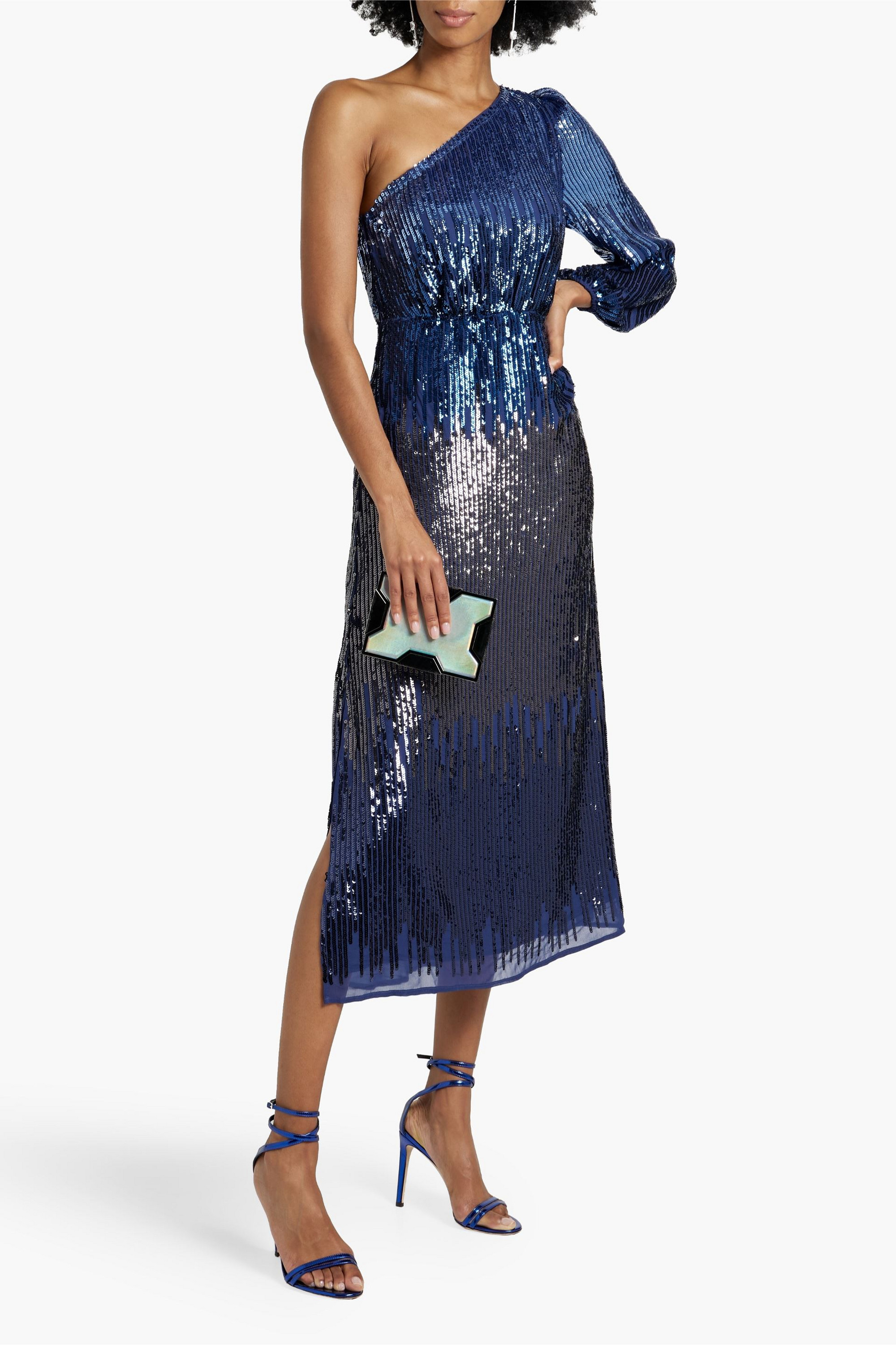 RIXO One-sleeve sequined dégradé chiffon midi dress