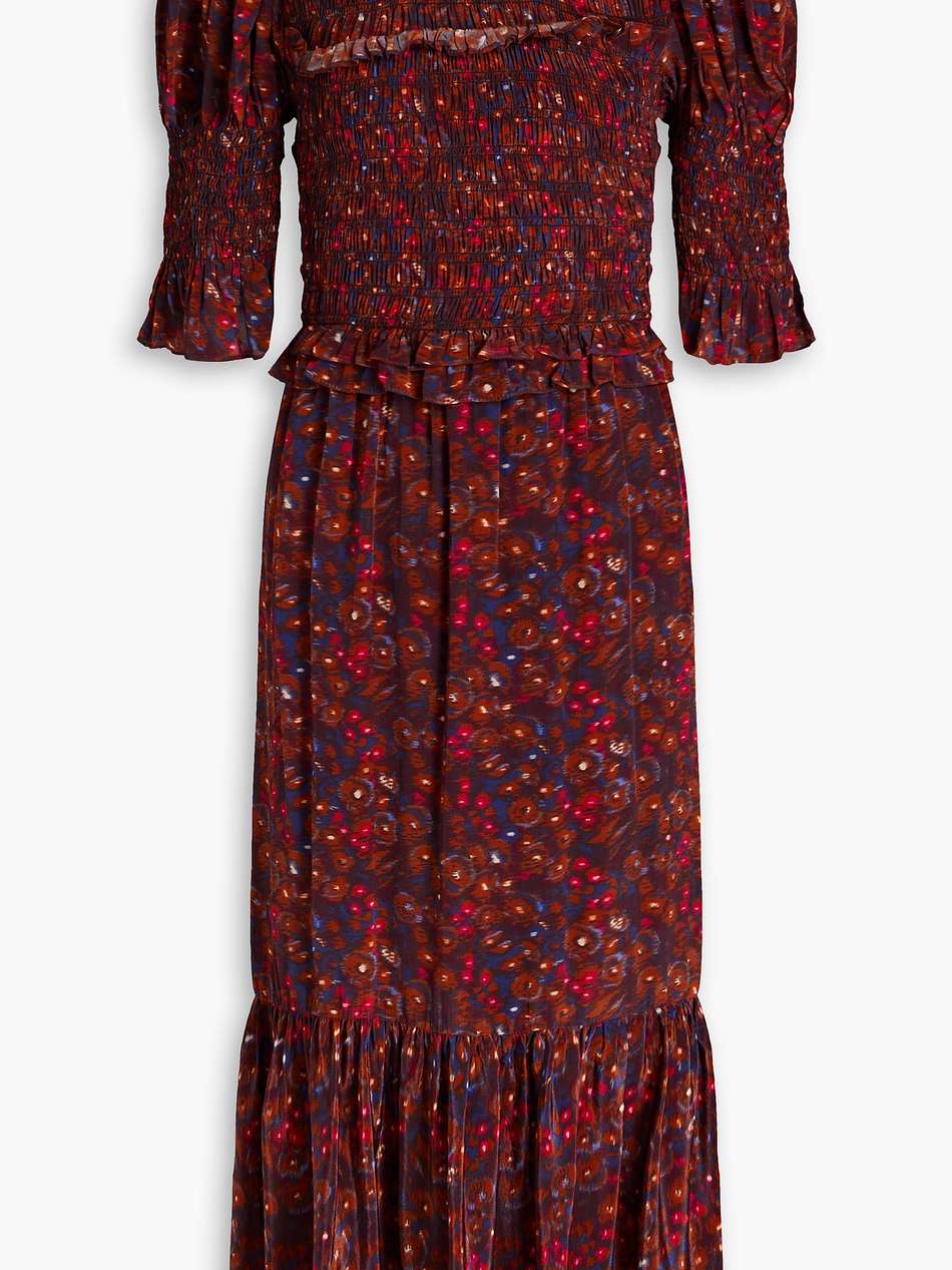 ilana shirred printed crepe de chine midi dress