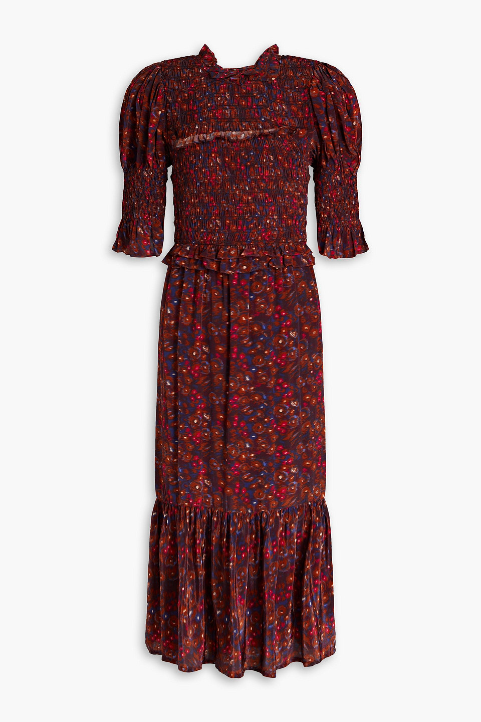 Ilana shirred printed crepe de chine midi dress